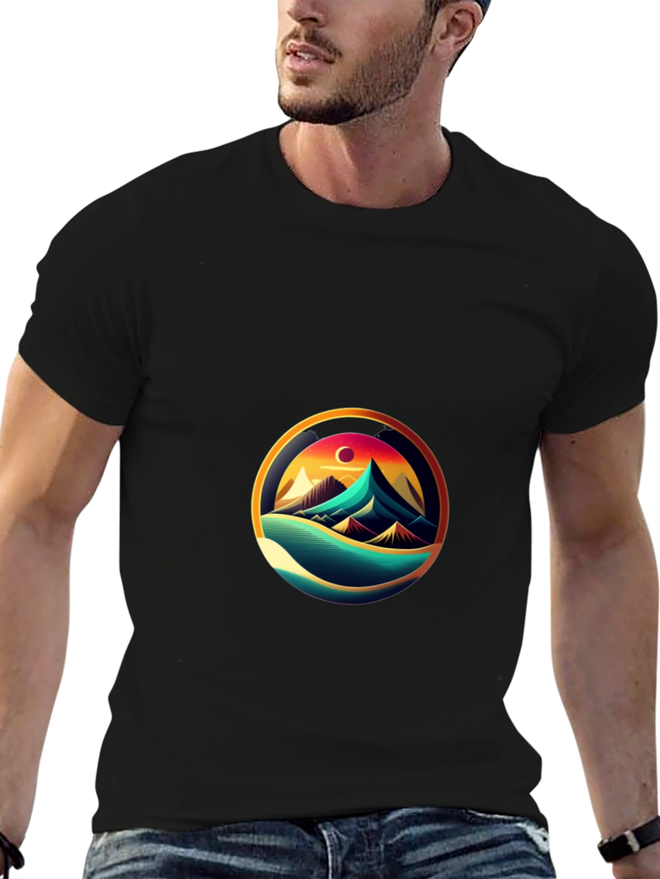 Mountain Horizon Graphic Tee - Black Cotton Casual Shirt