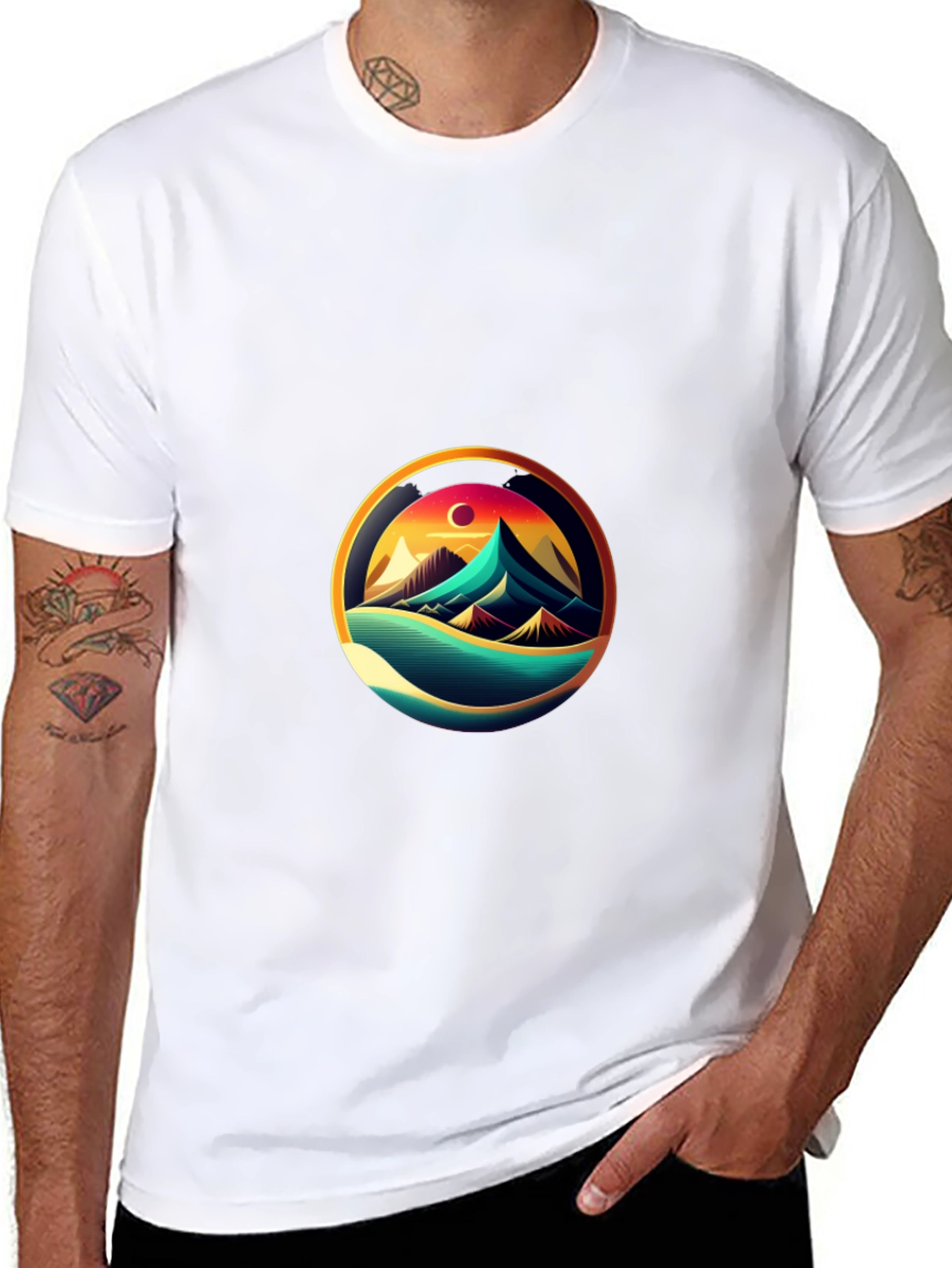 Mountain Horizon Graphic Tee - Black Cotton Casual Shirt