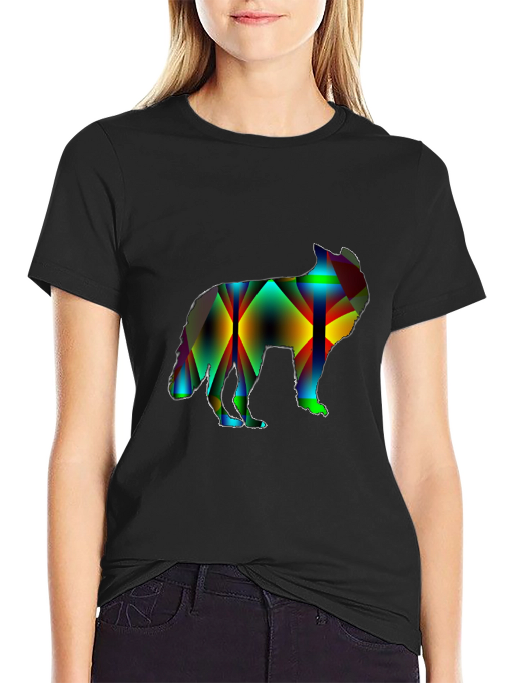 Abstract Wolf Graphic Print Black T-Shirt