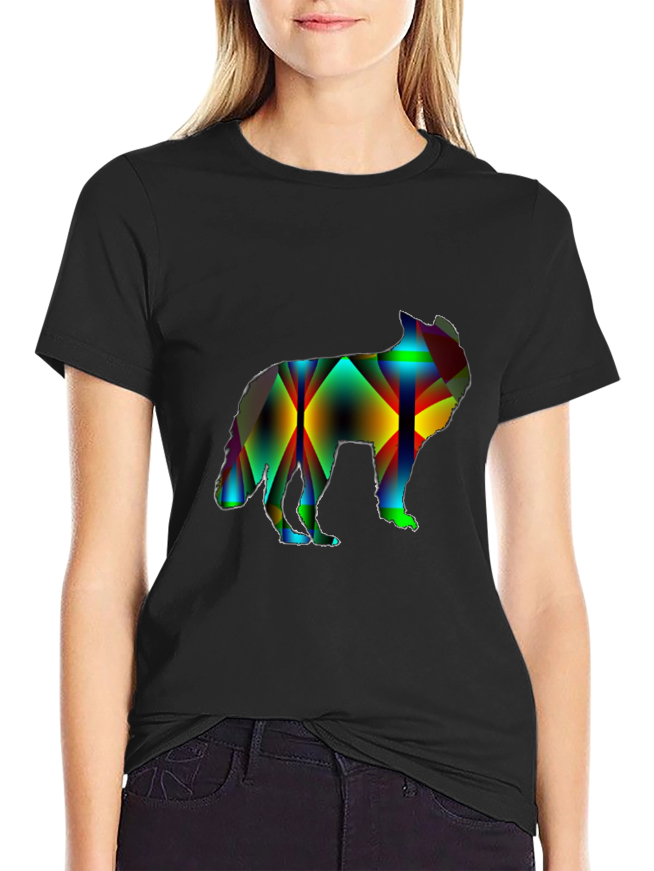 Abstract Wolf Graphic Print Black T-Shirt