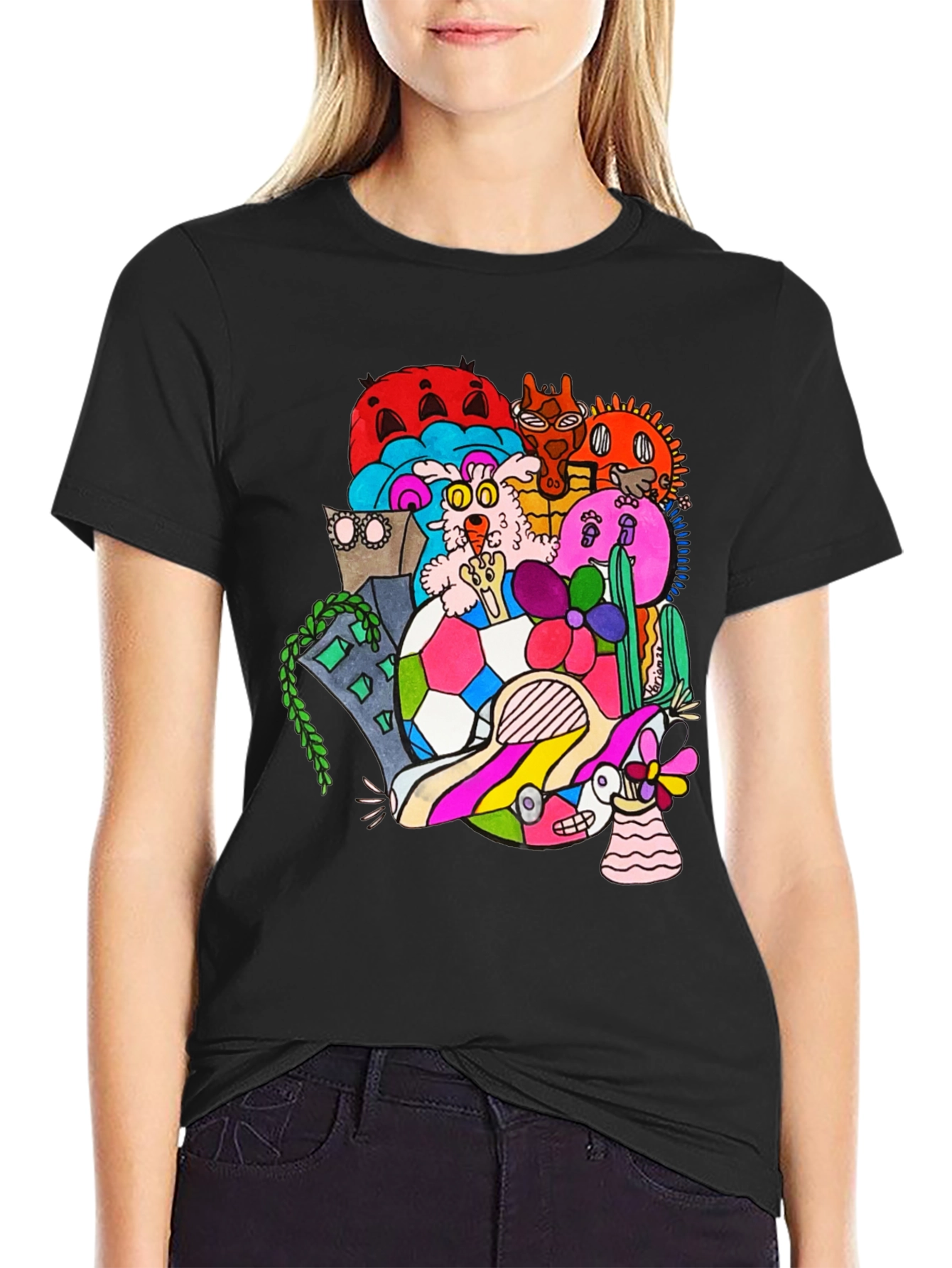 Doodle Art Tee - Unique Graphic Print Black T-Shirt