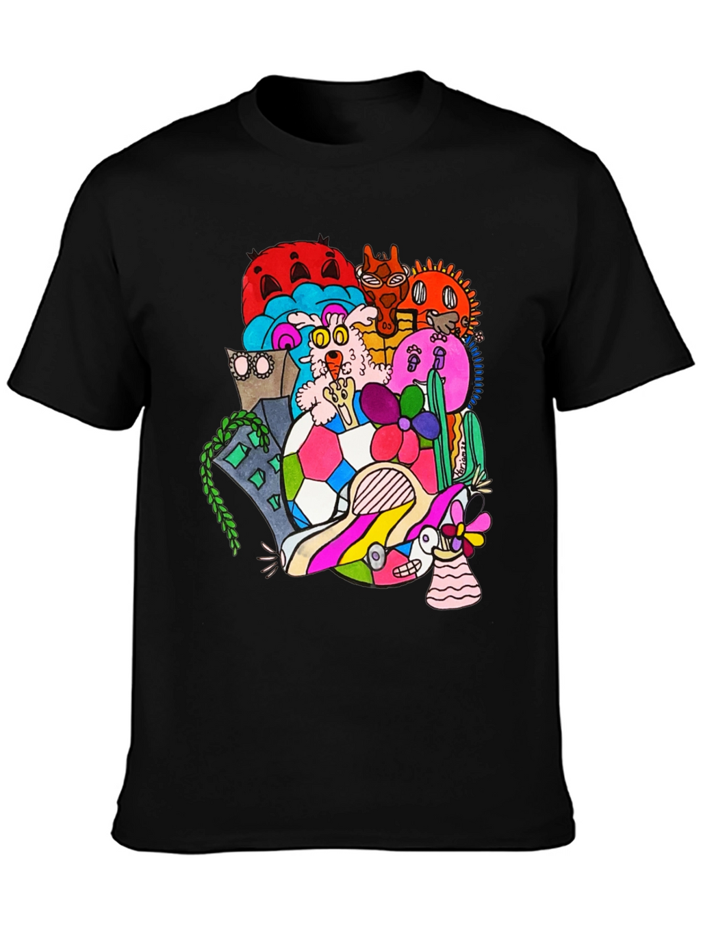 Doodle Art Tee - Unique Graphic Print Black T-Shirt