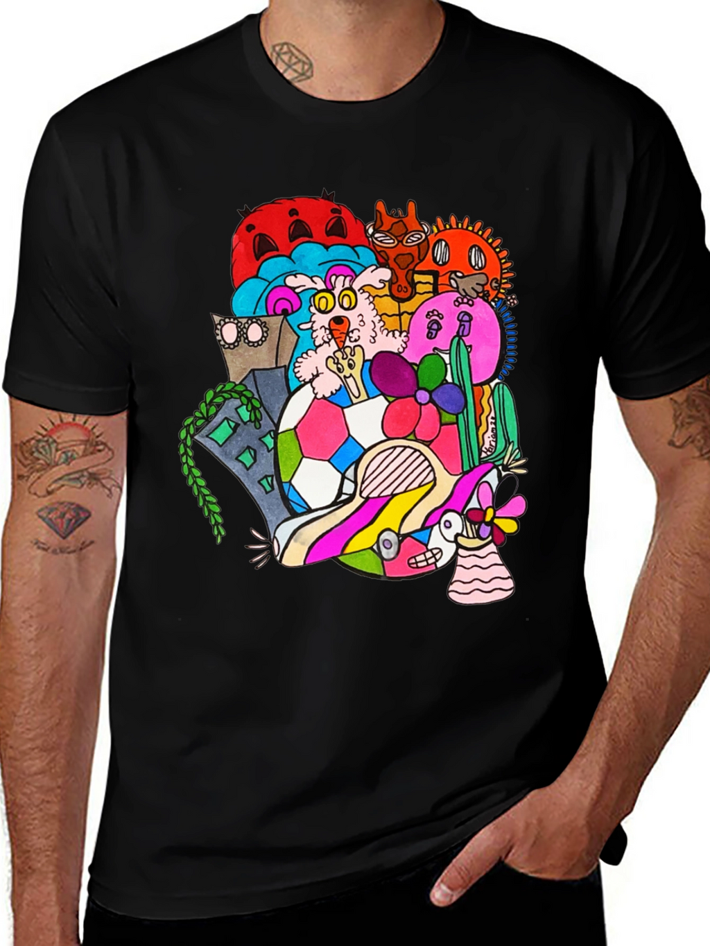 Doodle Art Tee - Unique Graphic Print Black T-Shirt