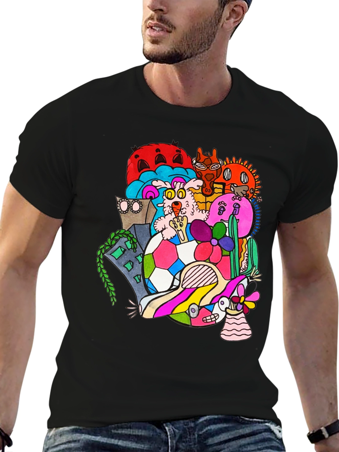Doodle Art Tee - Unique Graphic Print Black T-Shirt