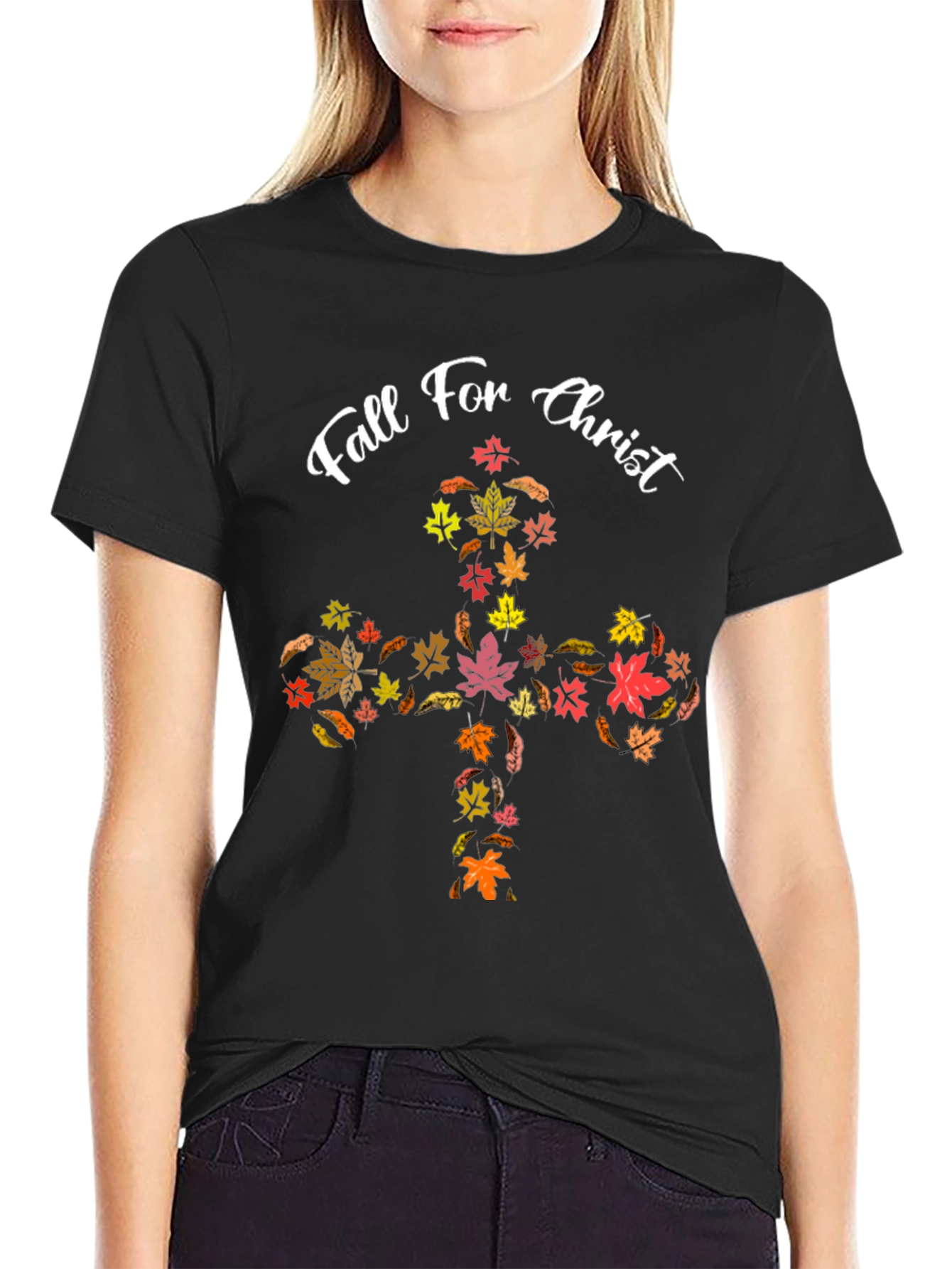 Fall For Christ Leaf Cross Black T-Shirt