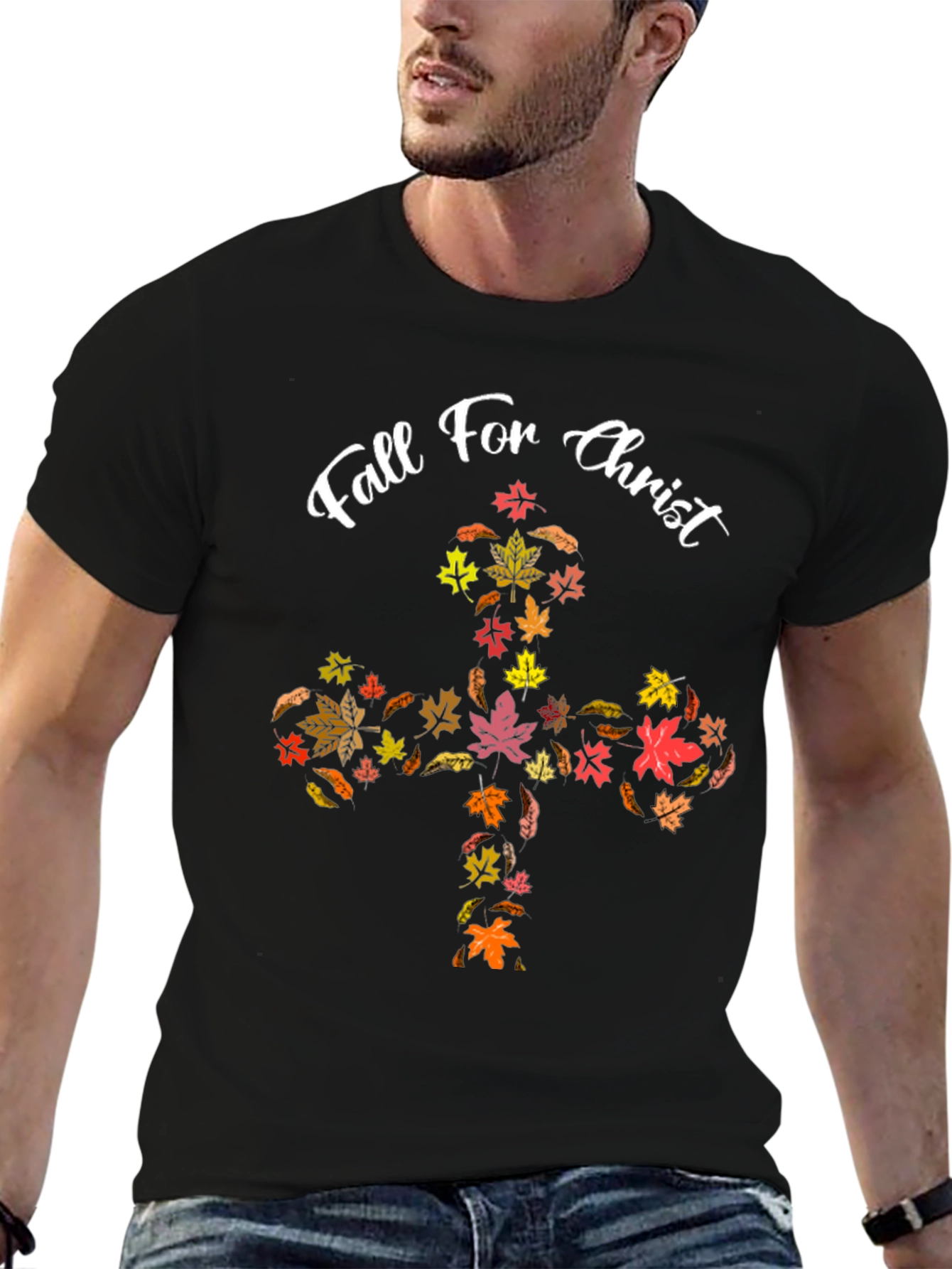 Fall For Christ Leaf Cross Black T-Shirt