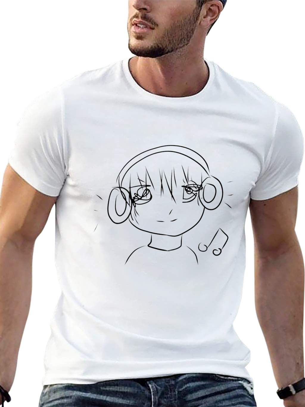 Anime Girl with Headphones Black Graphic Tee