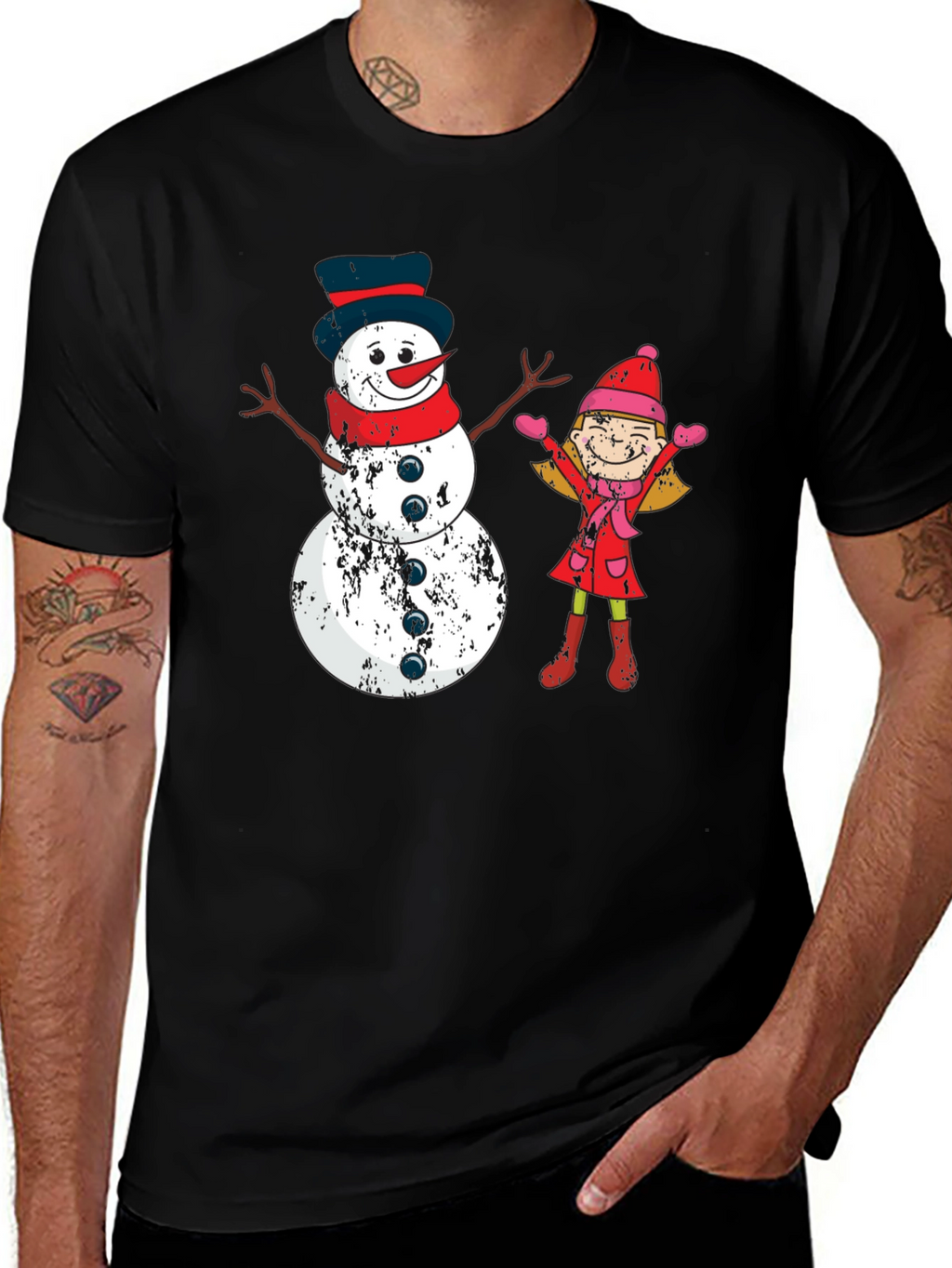 Festive Snowman and Girl Graphic Tee
