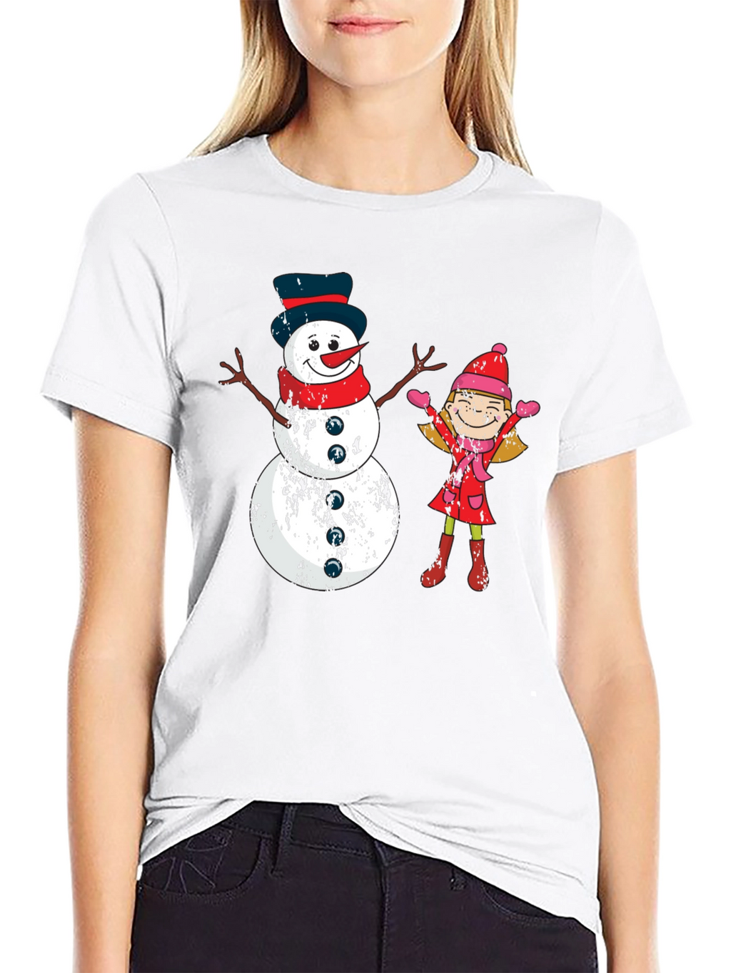 Festive Snowman and Girl Graphic Tee