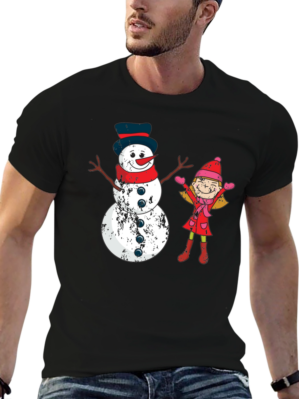 Festive Snowman and Girl Graphic Tee