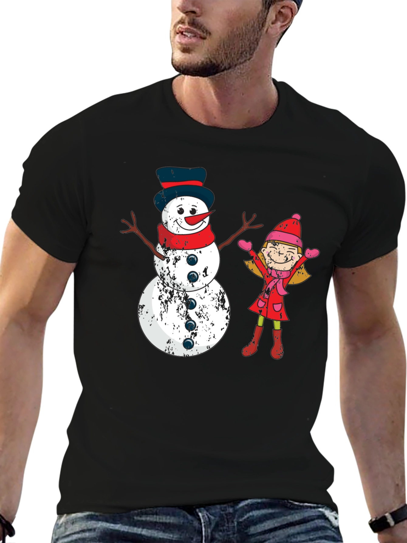 Festive Snowman and Girl Graphic Tee