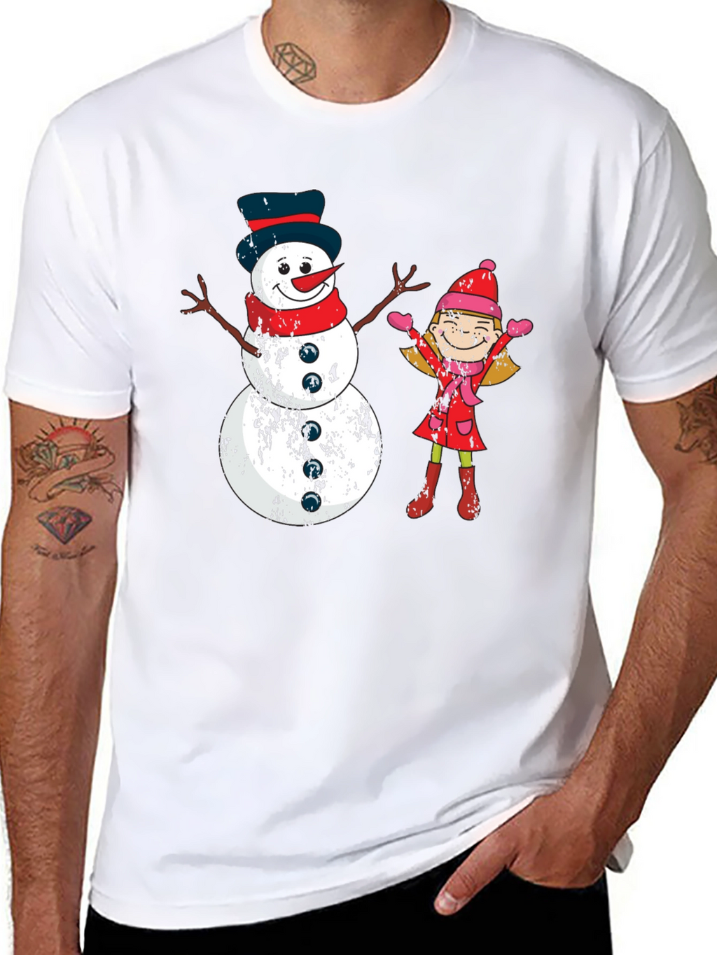 Festive Snowman and Girl Graphic Tee