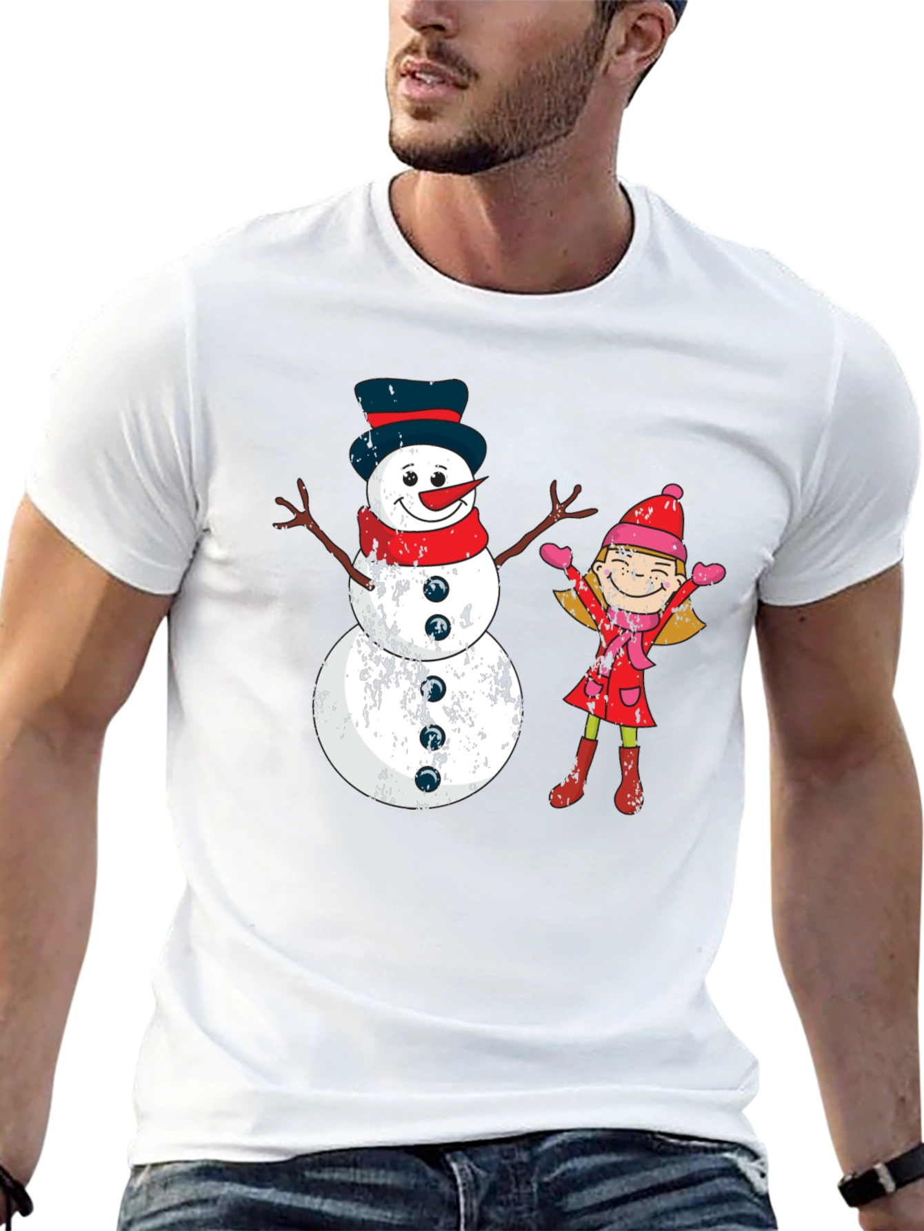 Festive Snowman and Girl Graphic Tee