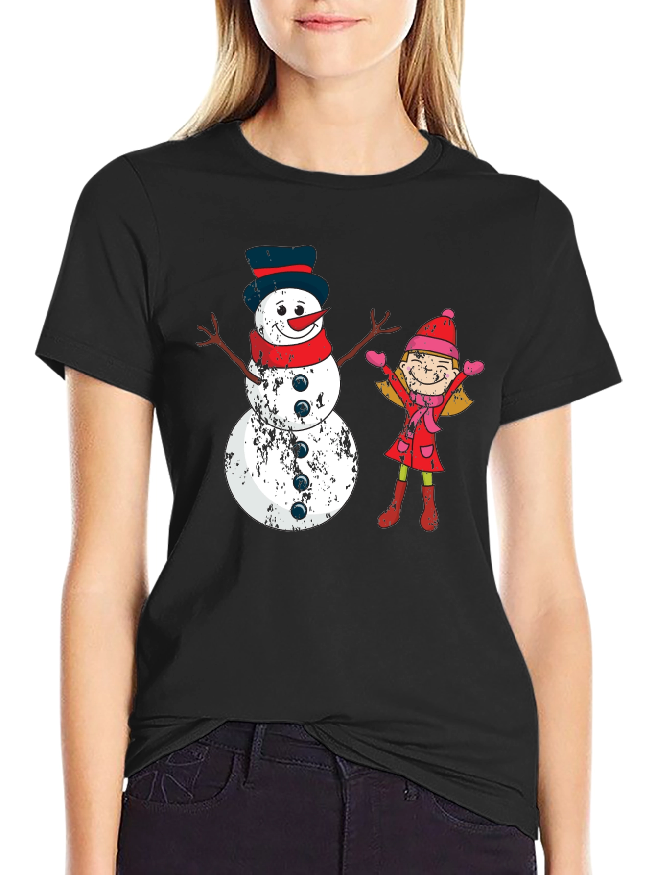 Festive Snowman and Girl Graphic Tee