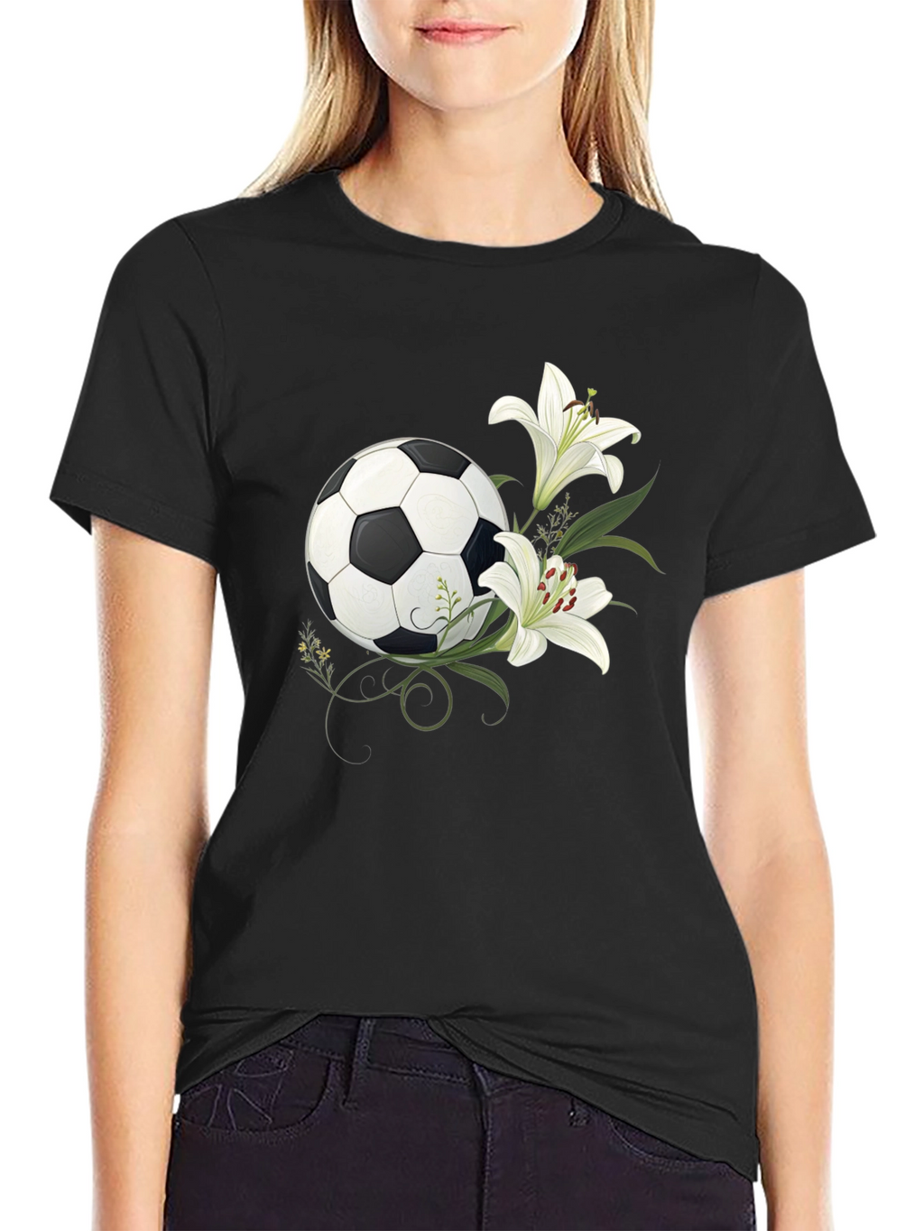 Soccer Ball and Lily Graphic Black T-Shirt