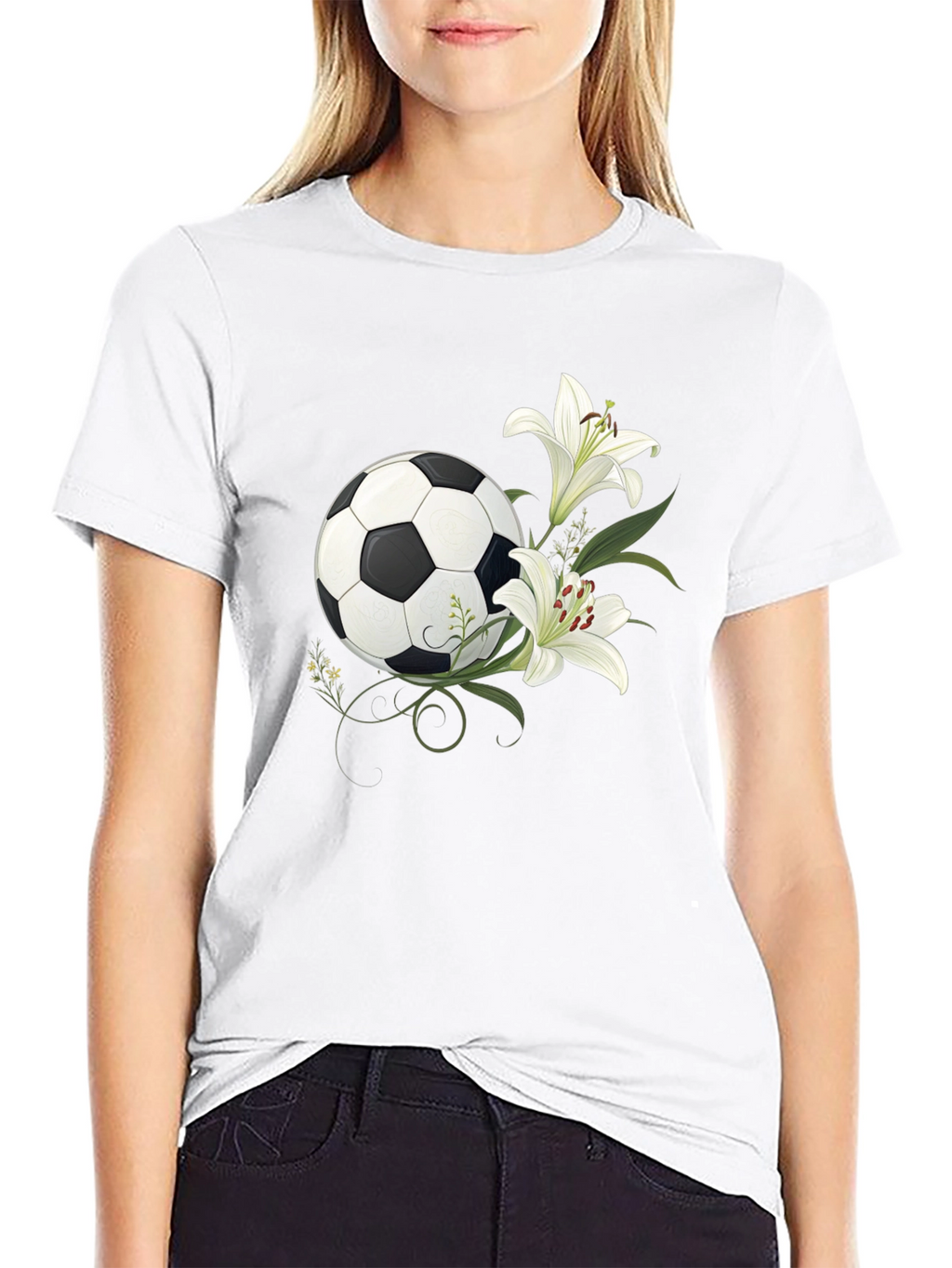 Soccer Ball and Lily Graphic Black T-Shirt