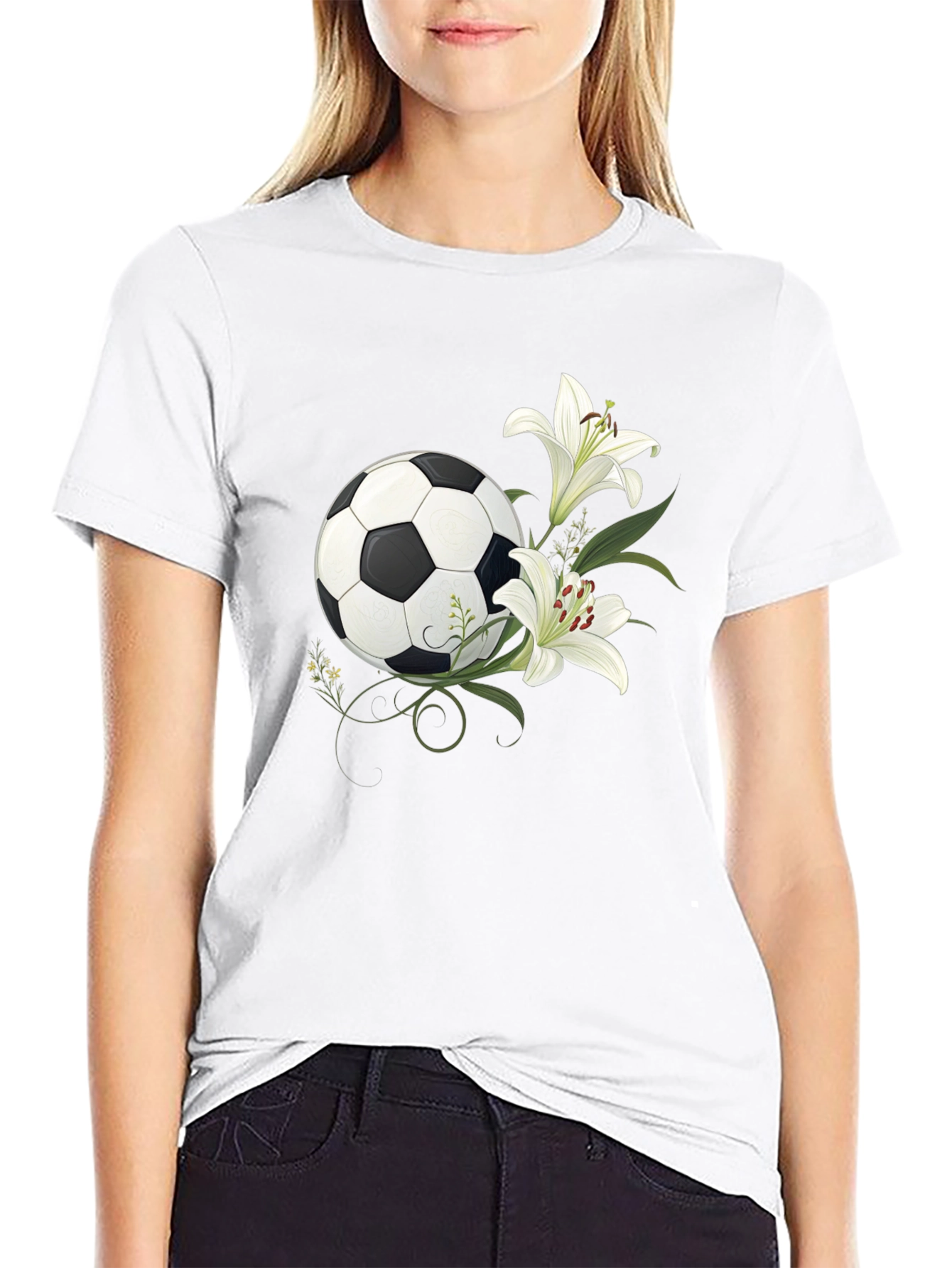 Soccer Ball and Lily Graphic Black T-Shirt