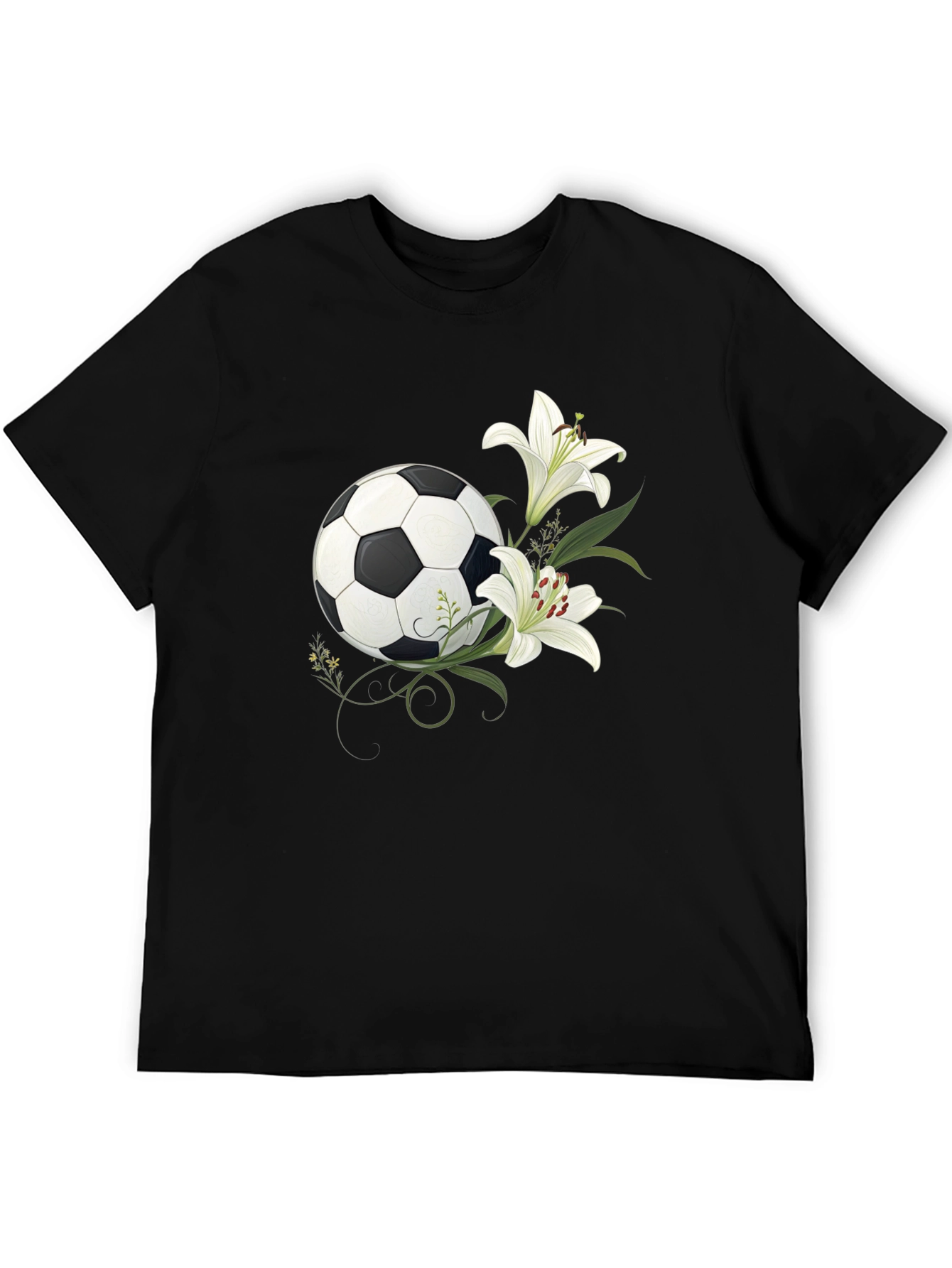Soccer Ball and Lily Graphic Black T-Shirt