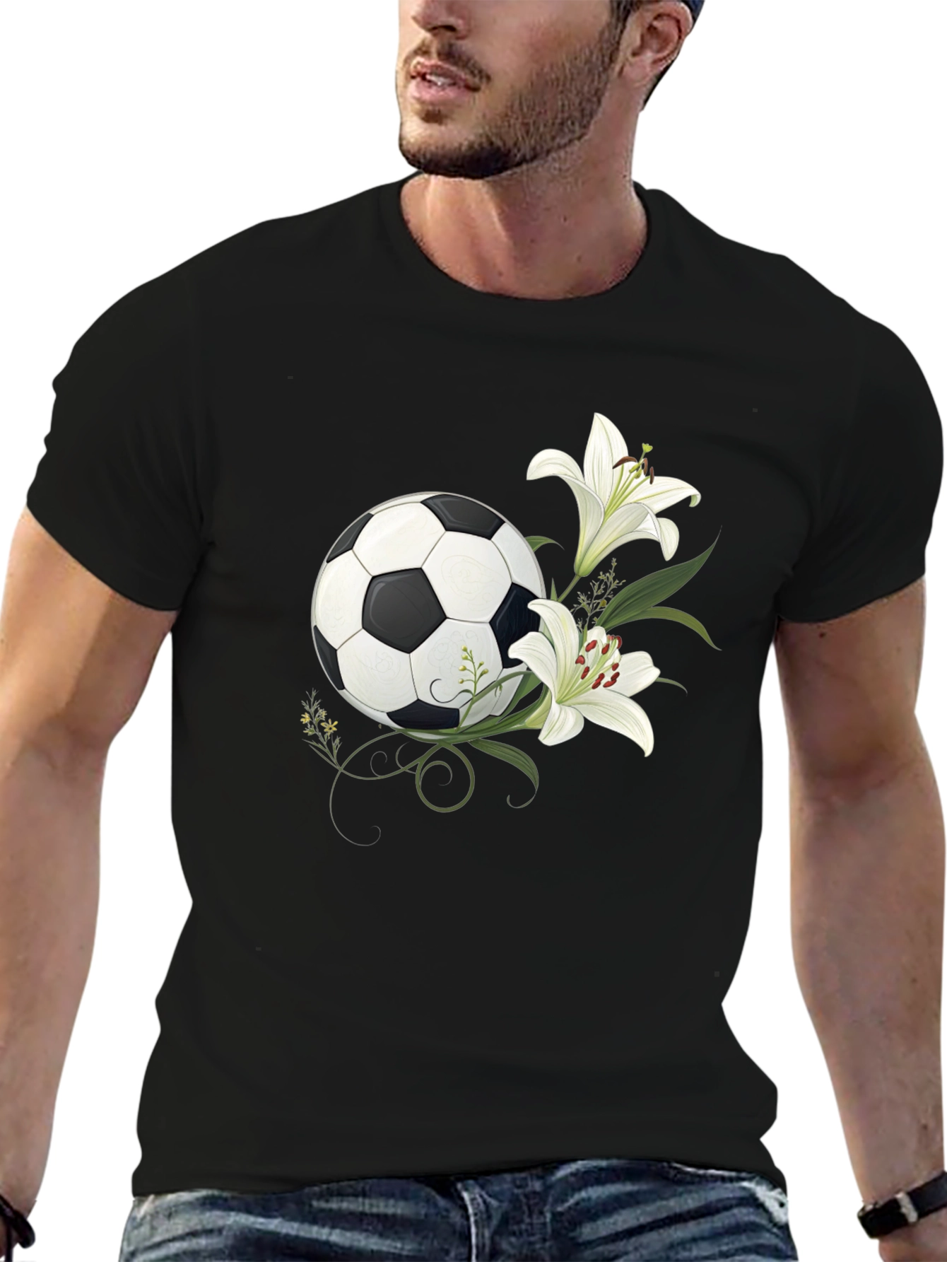 Soccer Ball and Lily Graphic Black T-Shirt