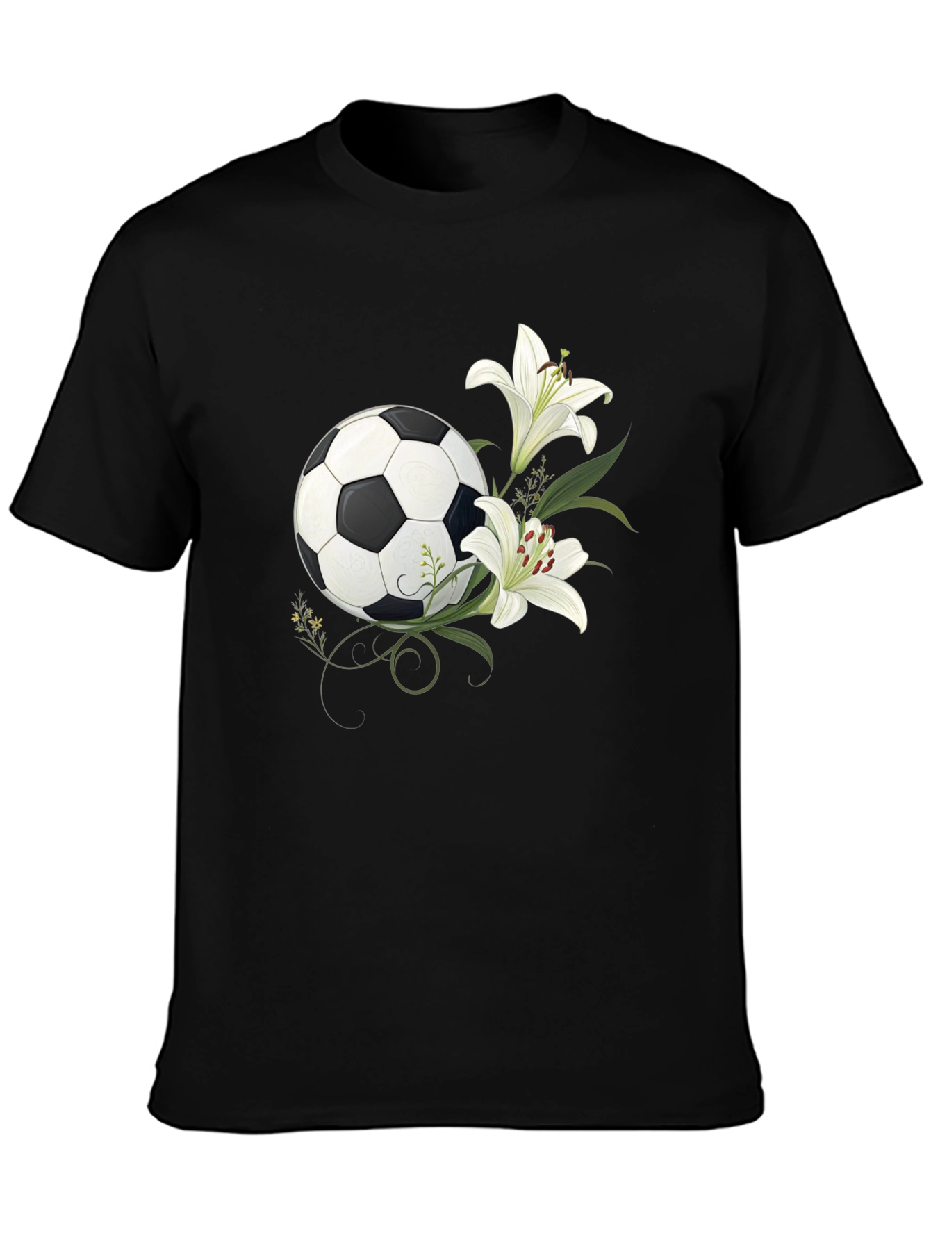 Soccer Ball and Lily Graphic Black T-Shirt