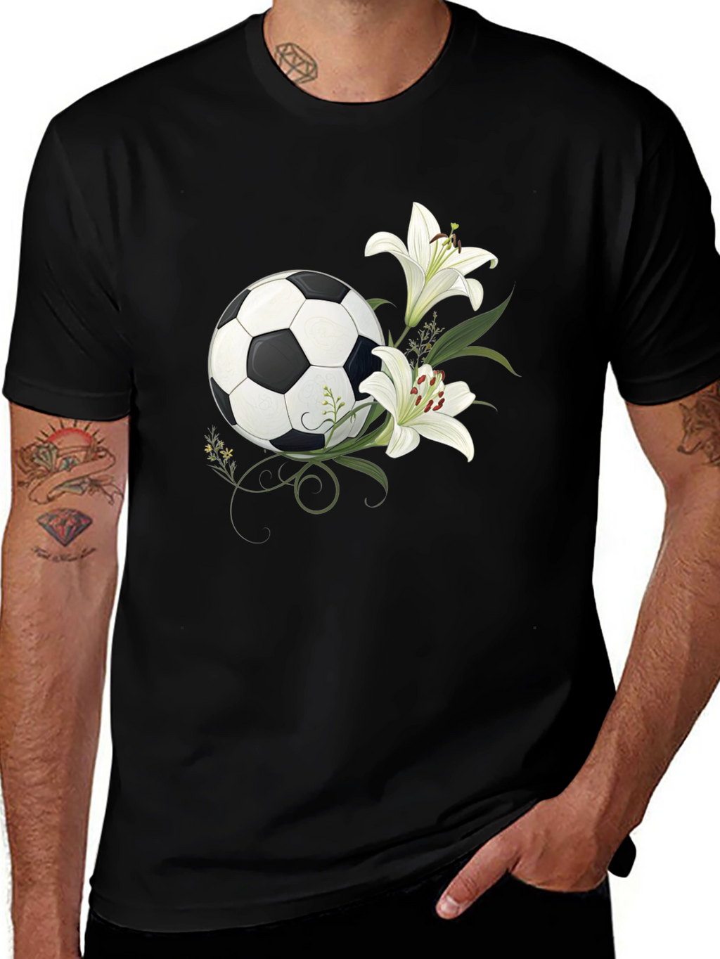 Soccer Ball and Lily Graphic Black T-Shirt