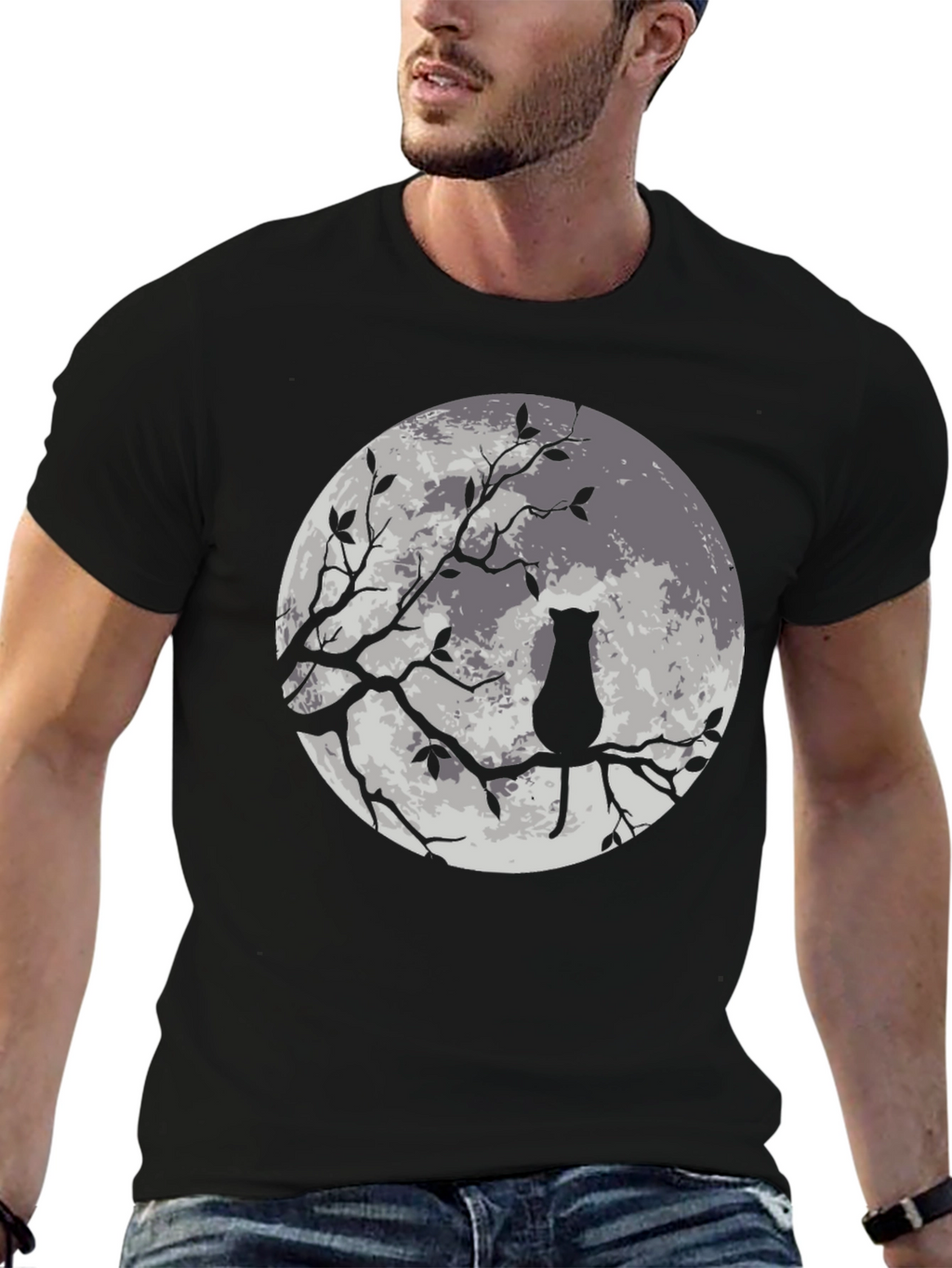 Moon Cat Graphic Tee - Stylish Black T-Shirt