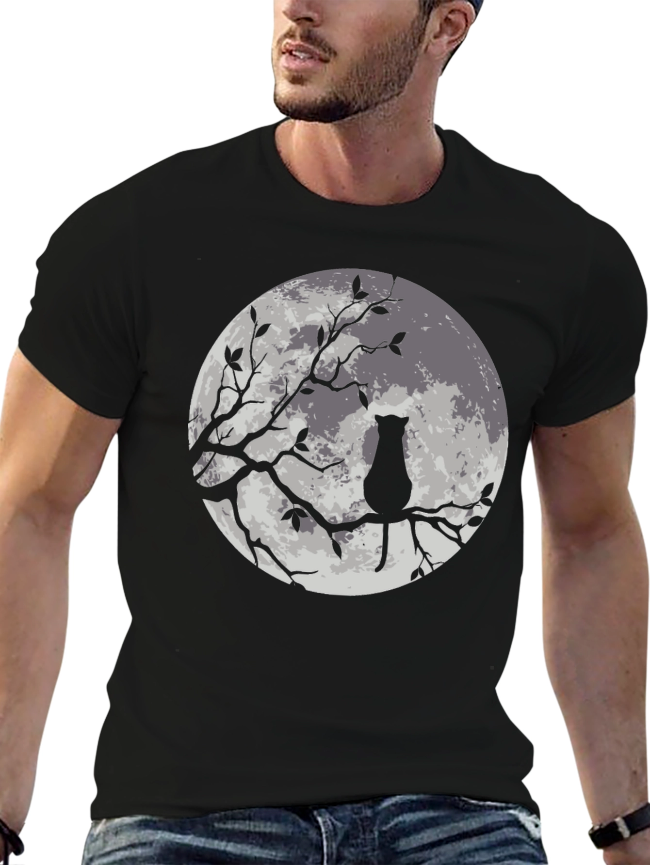 Moon Cat Graphic Tee - Stylish Black T-Shirt