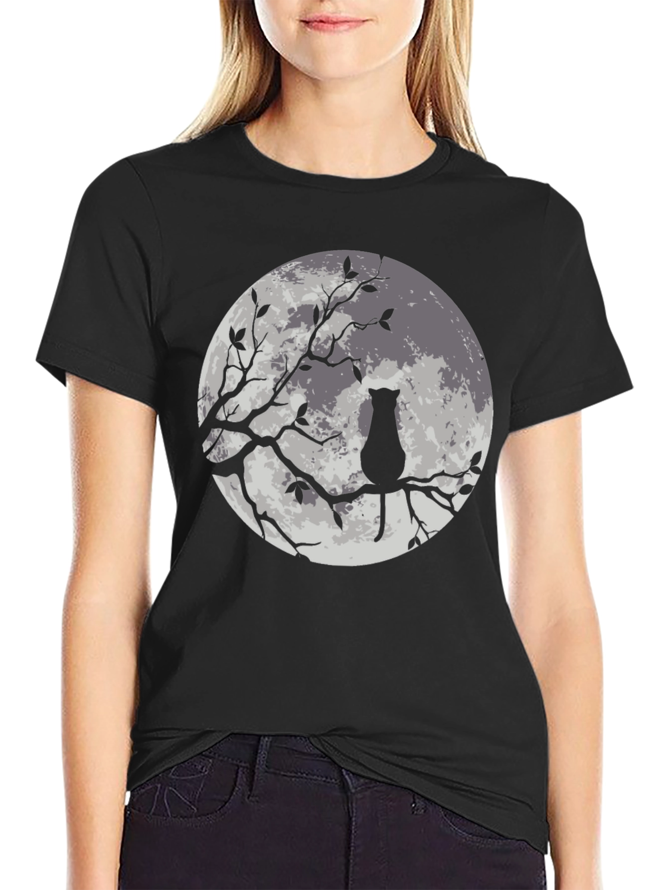 Moon Cat Graphic Tee - Stylish Black T-Shirt