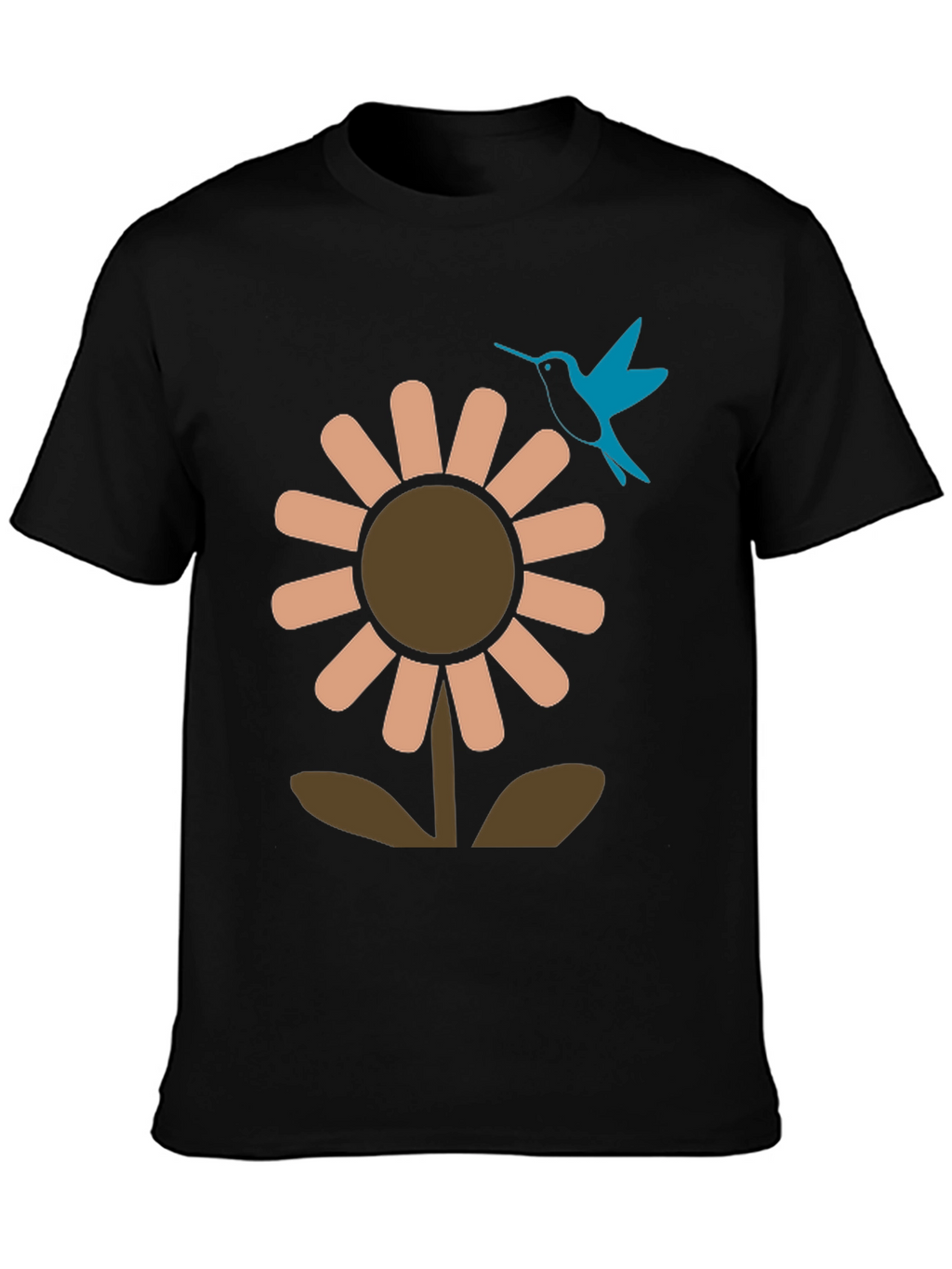 Black Graphic Tee: Flower & Hummingbird Design
