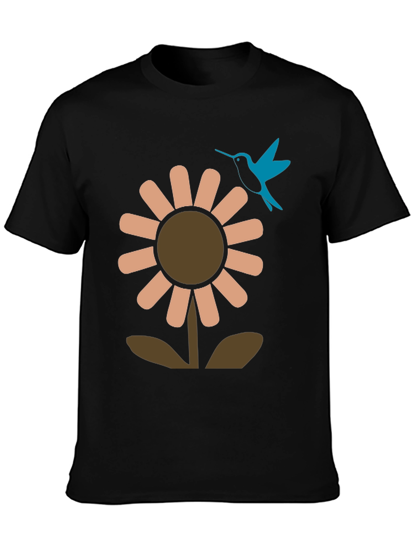 Black Graphic Tee: Flower & Hummingbird Design