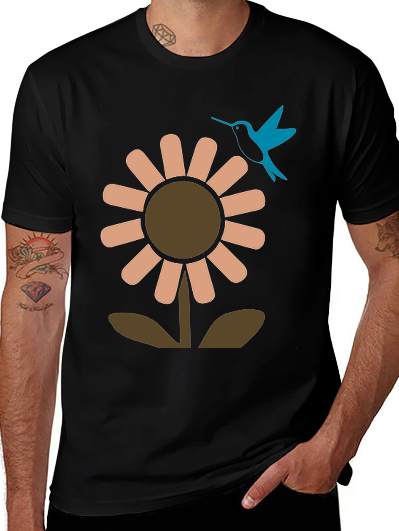 Black Graphic Tee: Flower & Hummingbird Design