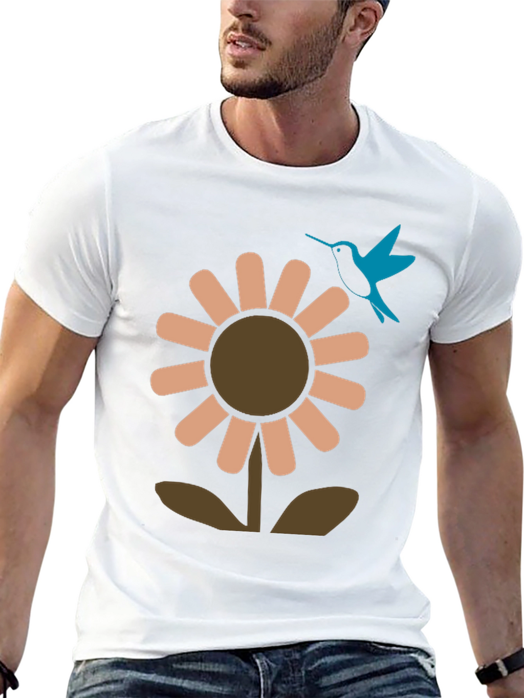 Black Graphic Tee: Flower & Hummingbird Design