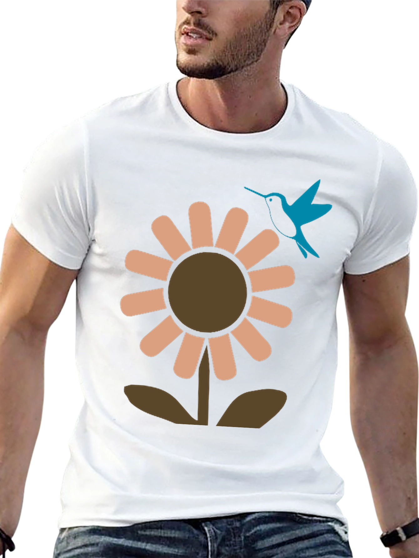 Black Graphic Tee: Flower & Hummingbird Design