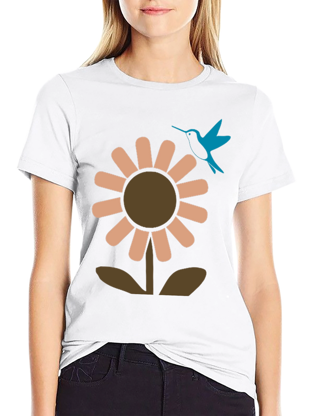 Black Graphic Tee: Flower & Hummingbird Design