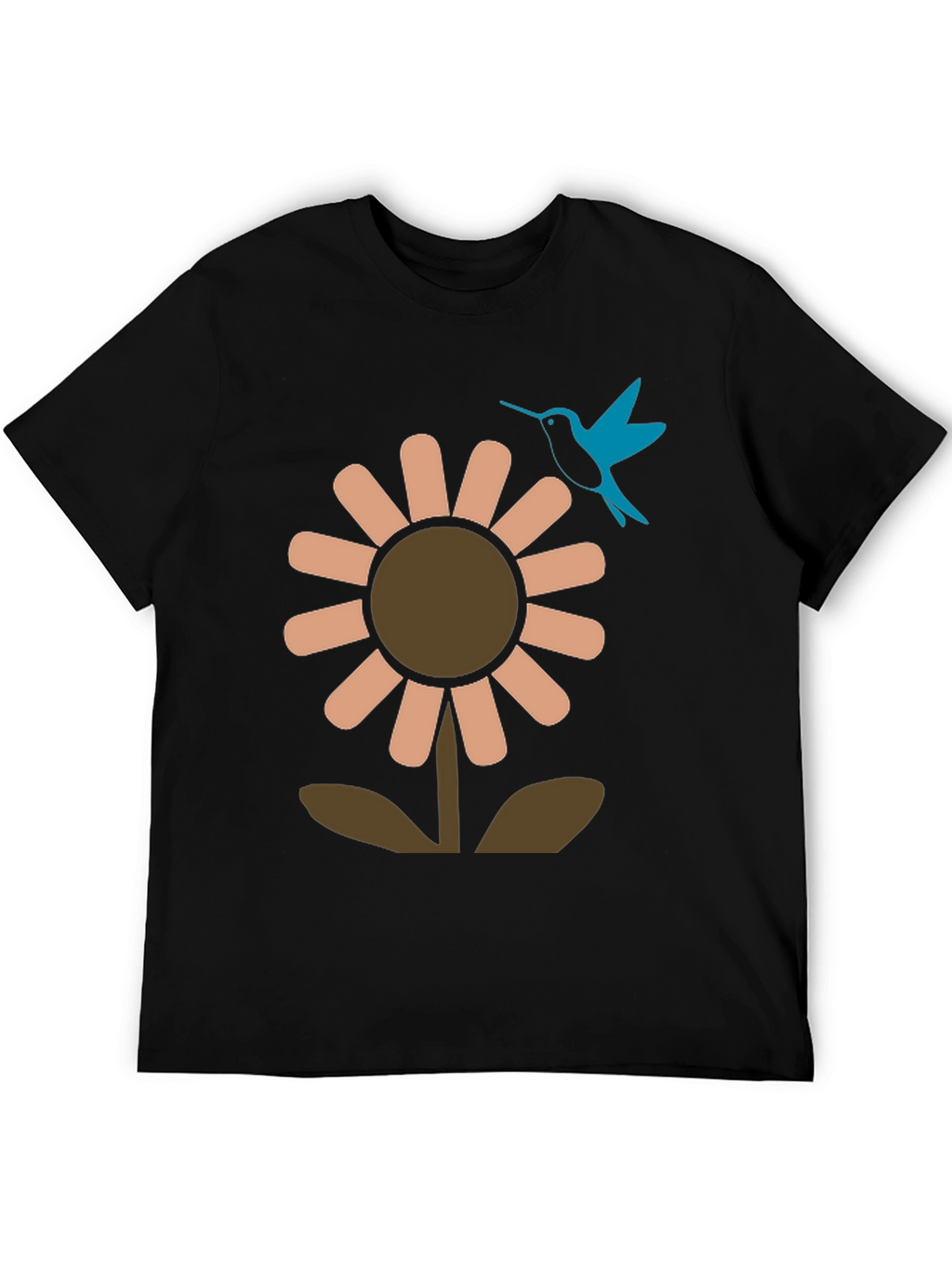 Black Graphic Tee: Flower & Hummingbird Design
