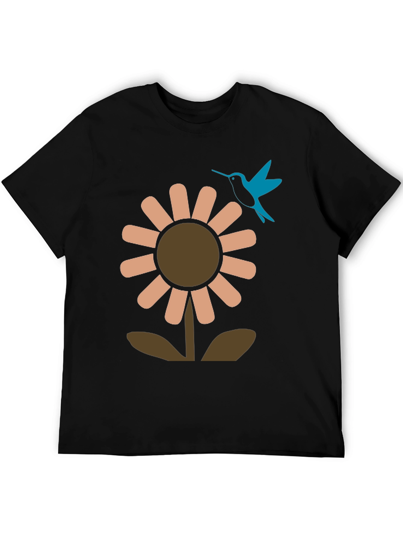 Black Graphic Tee: Flower & Hummingbird Design