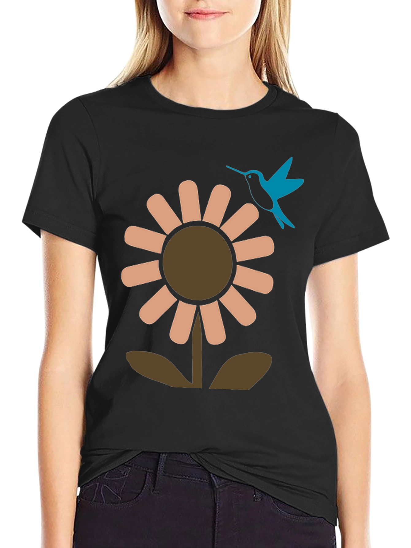 Black Graphic Tee: Flower & Hummingbird Design