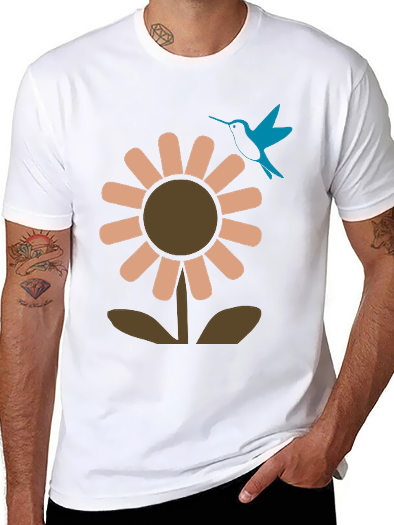 Black Graphic Tee: Flower & Hummingbird Design