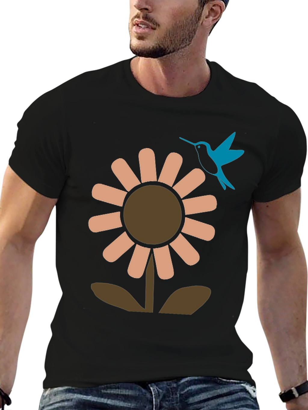 Black Graphic Tee: Flower & Hummingbird Design