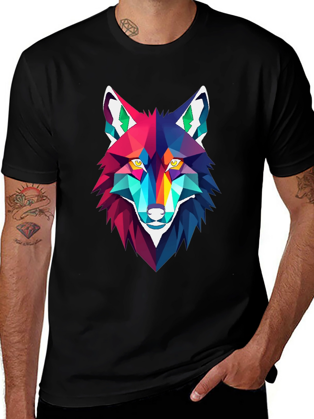 Geometric Wolf Graphic Tee - Stylish Mens Black T-Shirt
