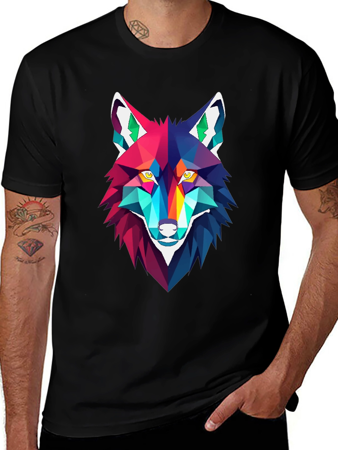 Geometric Wolf Graphic Tee - Stylish Mens Black T-Shirt