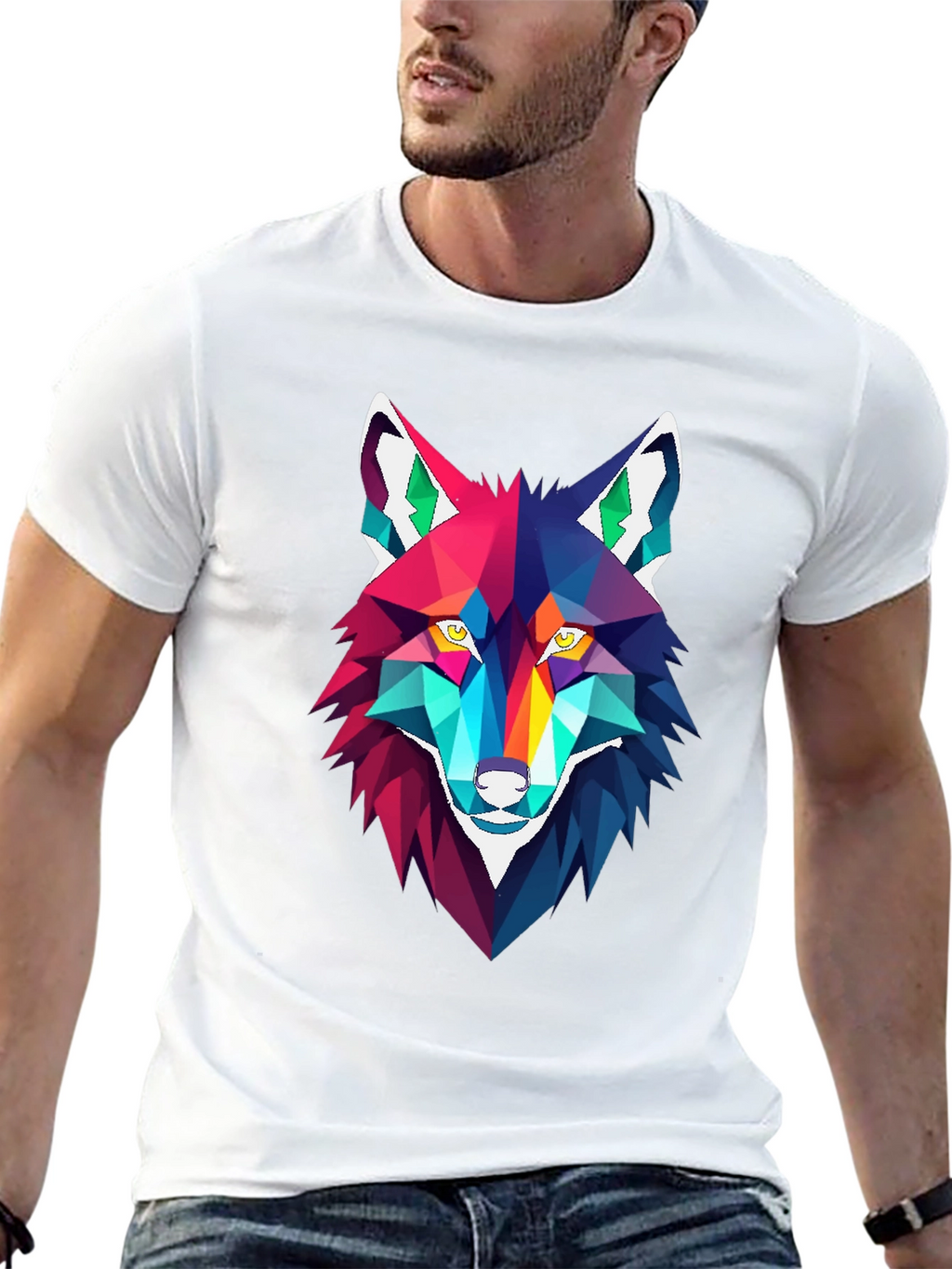 Geometric Wolf Graphic Tee - Stylish Mens Black T-Shirt