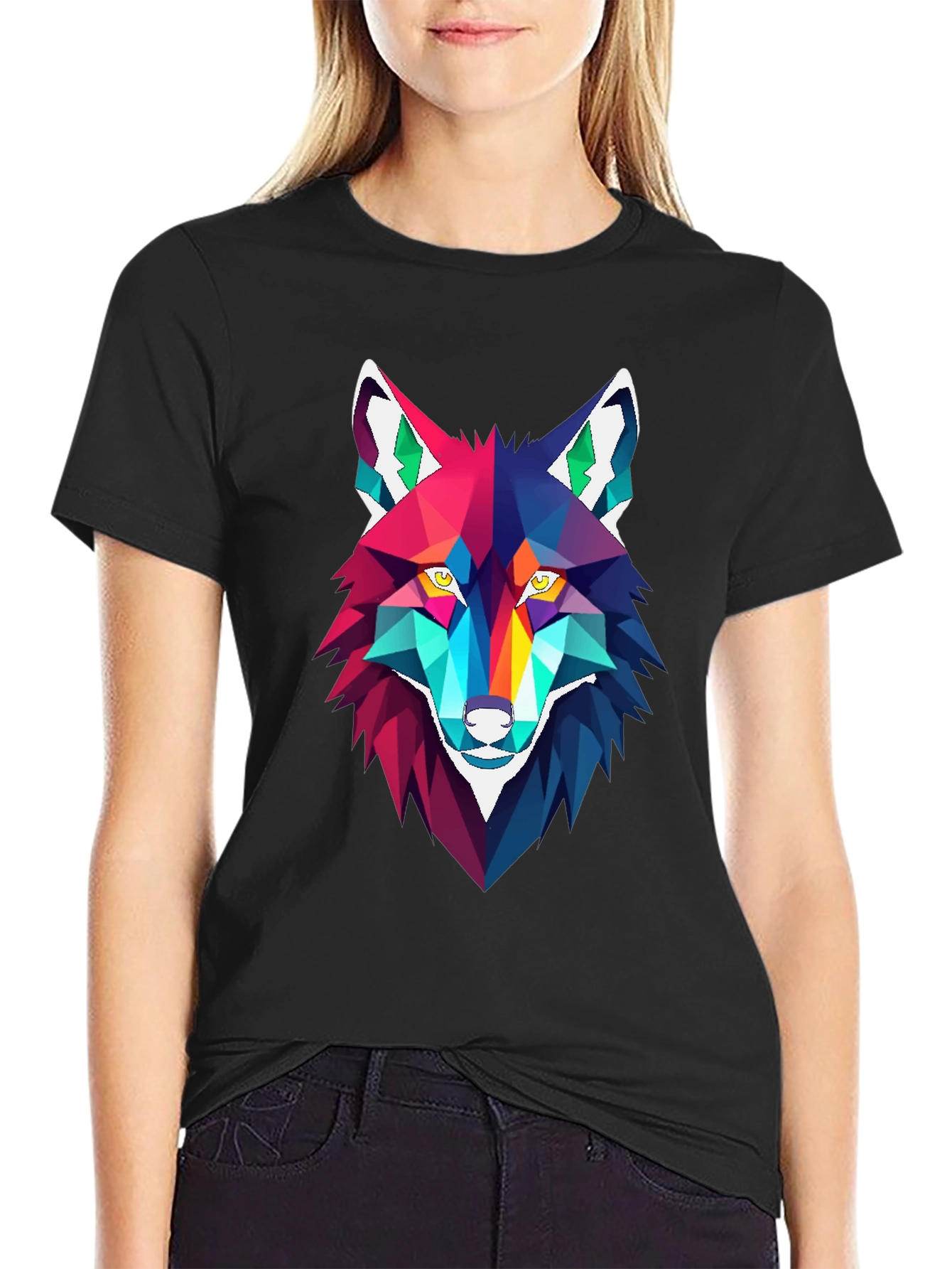 Geometric Wolf Graphic Tee - Stylish Mens Black T-Shirt