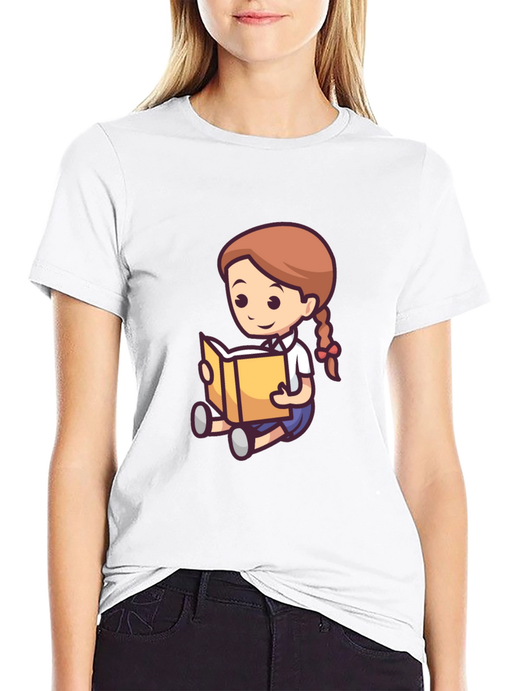 Cartoon Girl Reading Book Black T-Shirt