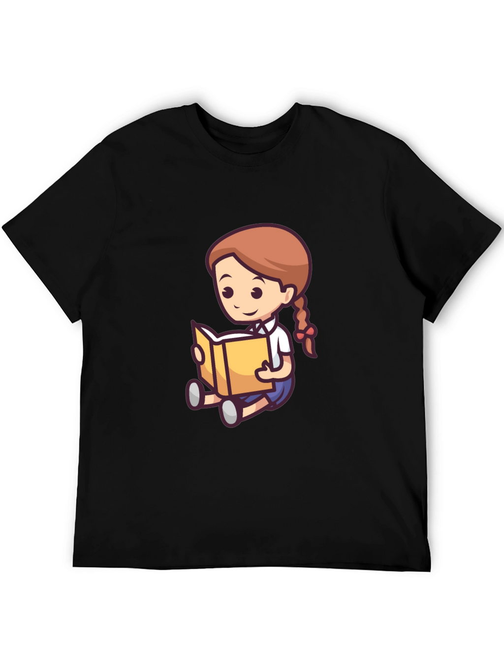 Cartoon Girl Reading Book Black T-Shirt