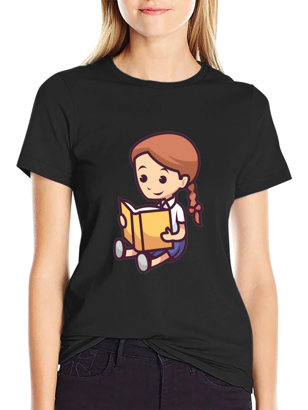 Cartoon Girl Reading Book Black T-Shirt