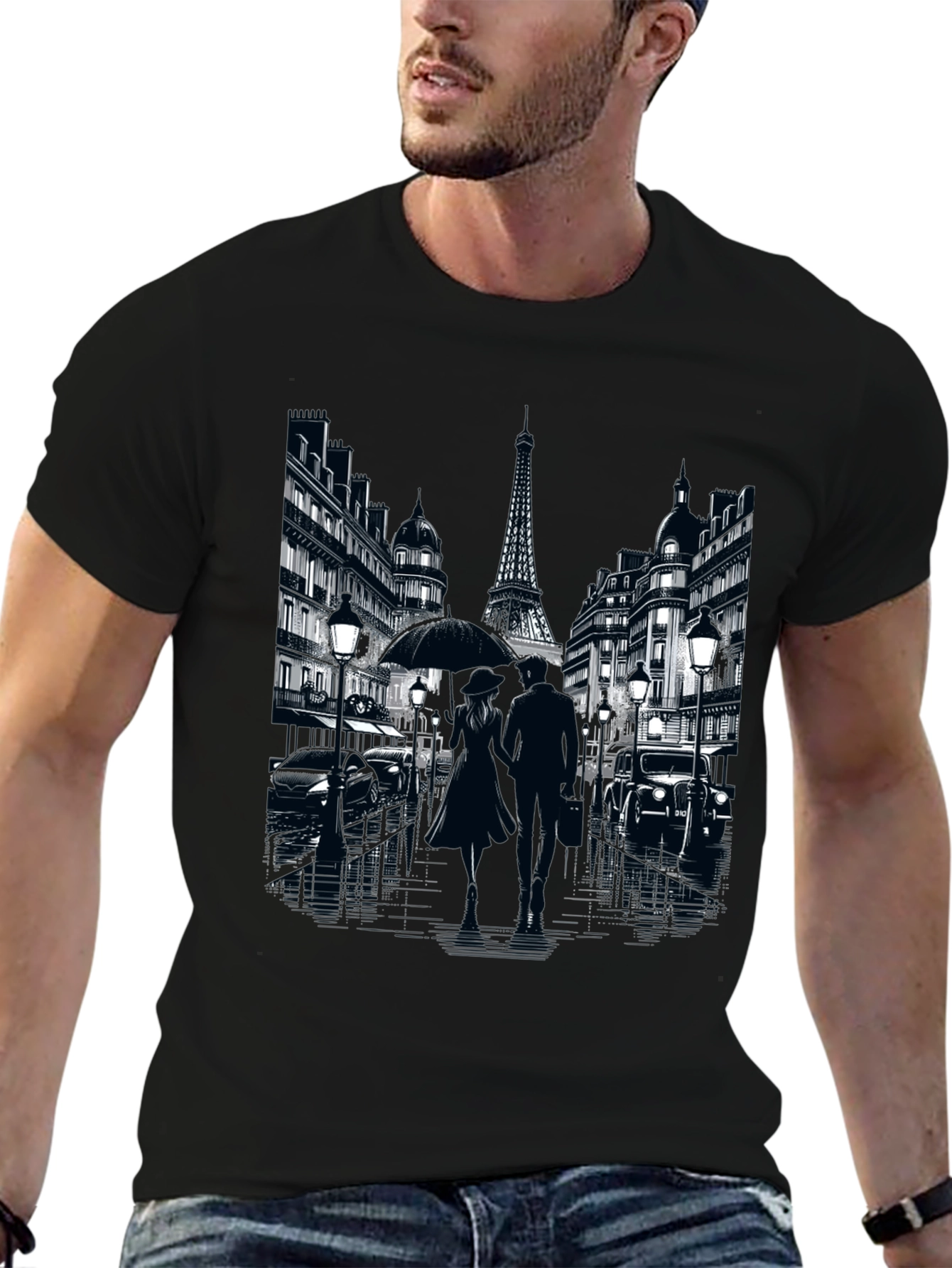 Paris Romance Graphic T-Shirt - Eiffel Tower Cityscape Tee