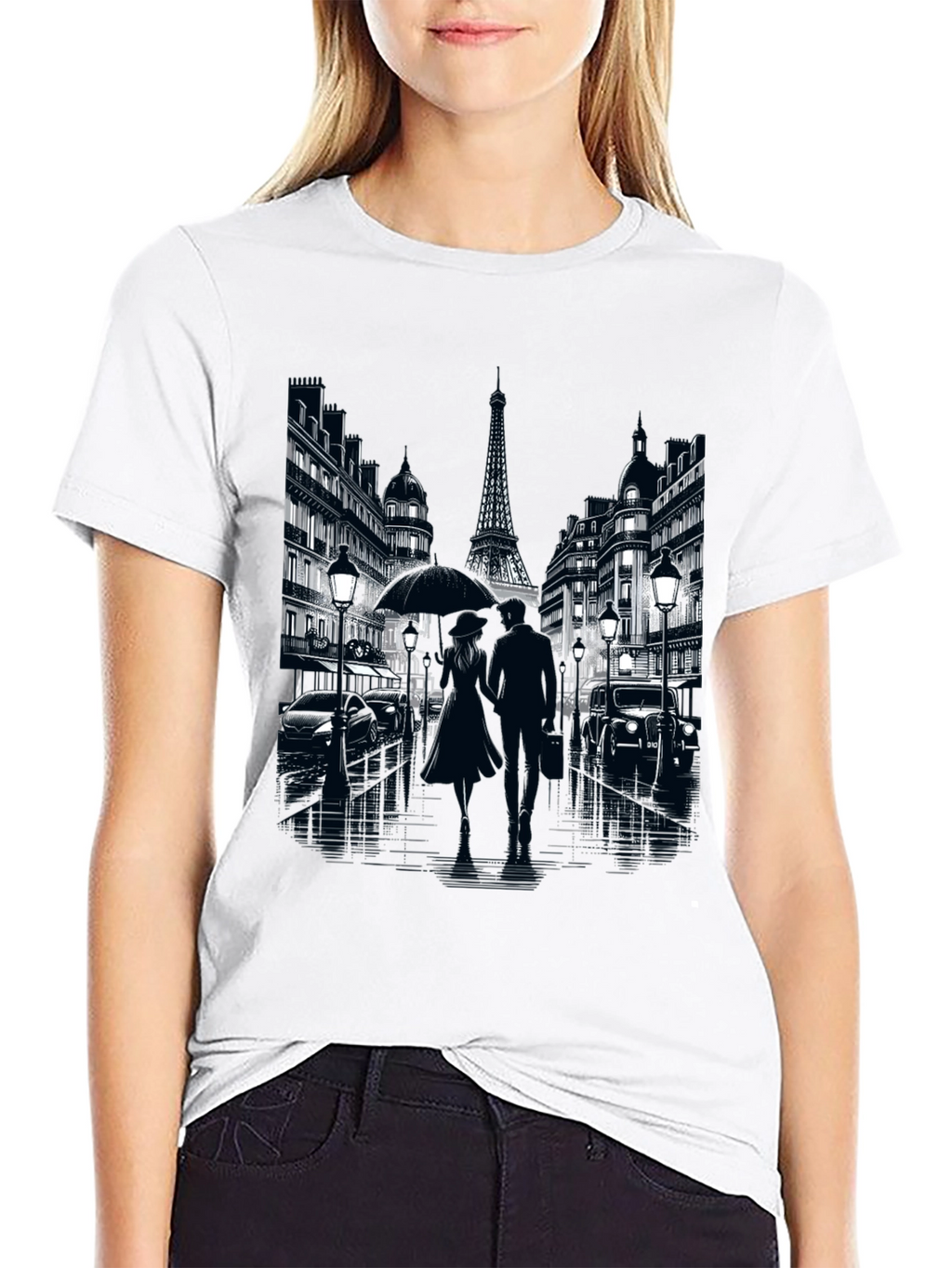 Paris Romance Graphic T-Shirt - Eiffel Tower Cityscape Tee