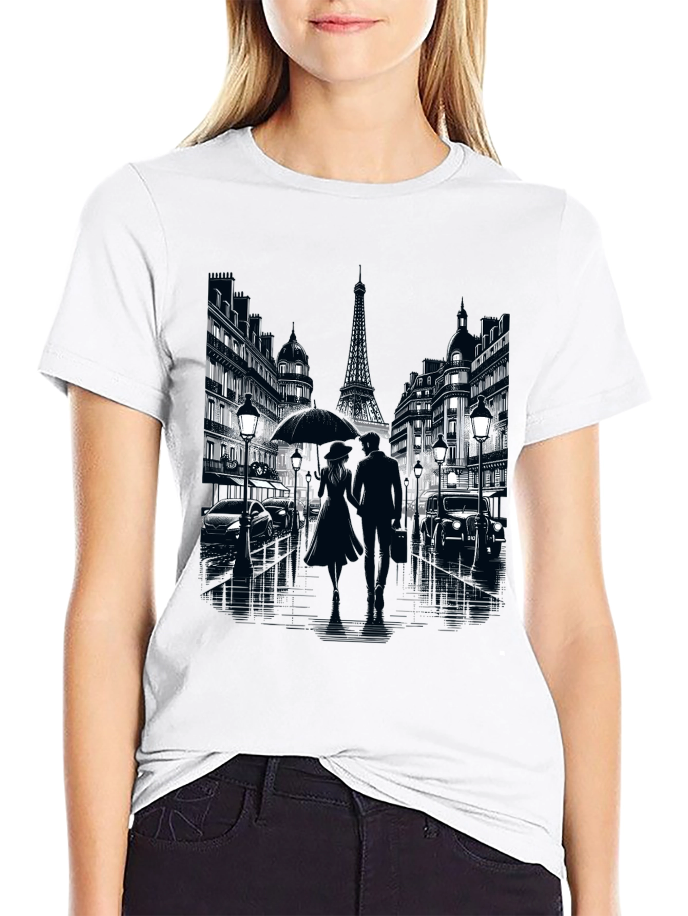 Paris Romance Graphic T-Shirt - Eiffel Tower Cityscape Tee