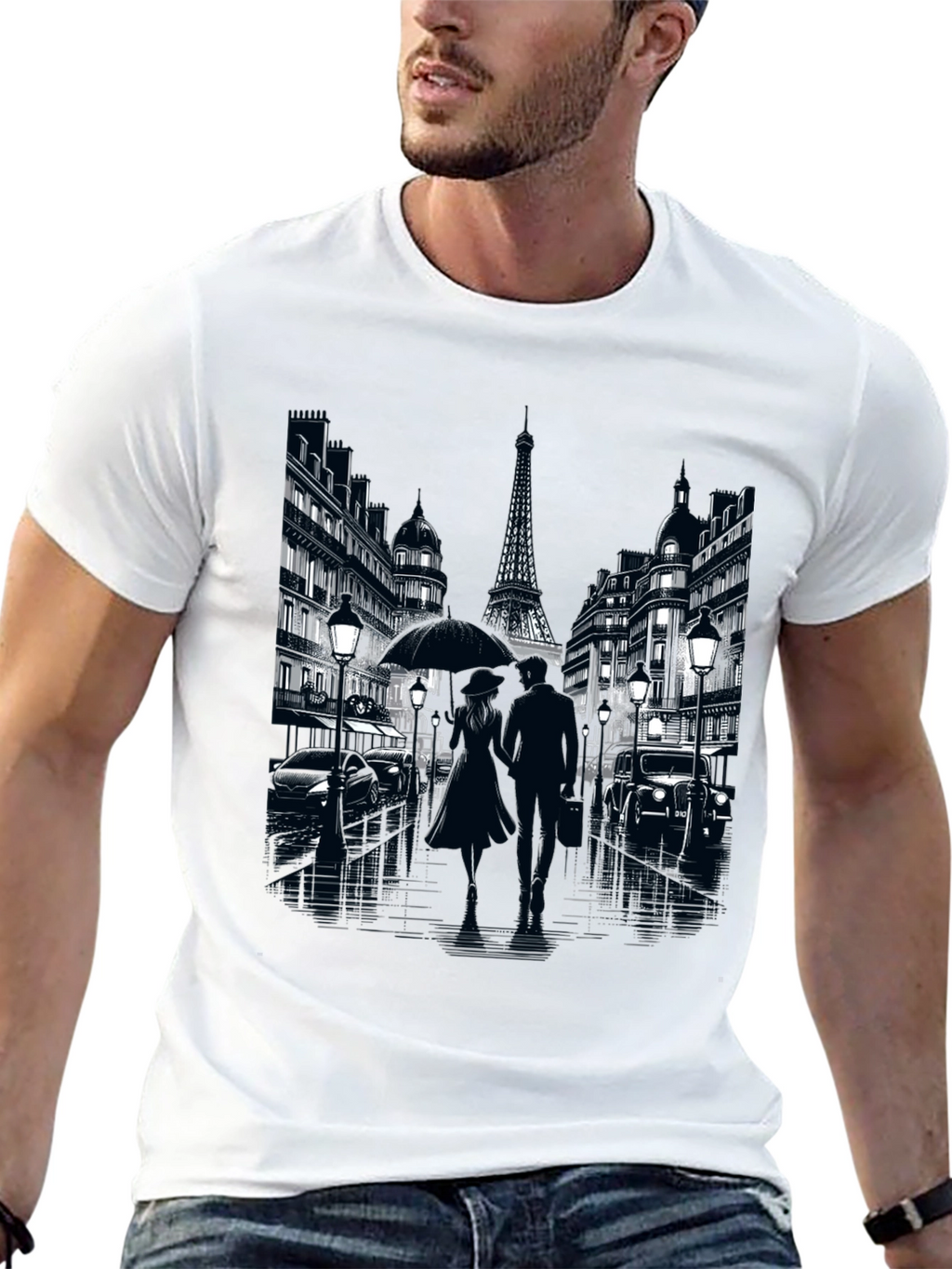 Paris Romance Graphic T-Shirt - Eiffel Tower Cityscape Tee